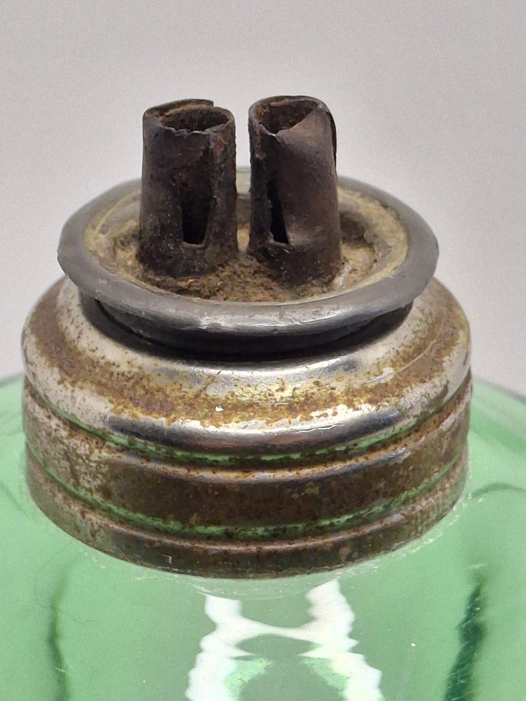 Antique 1840s Green Pressed Glass Double Whale Oil Burner Lamp - Threaded Font with Original Rusty Wick Tubes, 4" Tall