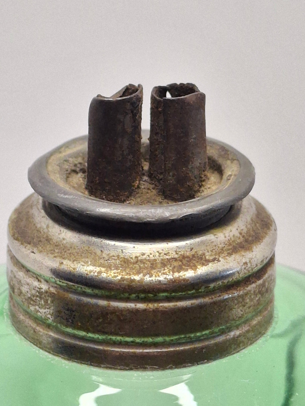 Antique 1840s Green Pressed Glass Double Whale Oil Burner Lamp - Threaded Font with Original Rusty Wick Tubes, 4" Tall