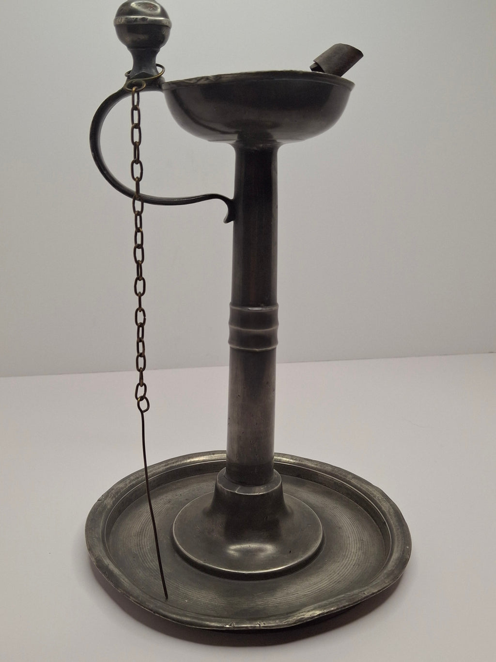 Ultra-Rare Circa 1680 English Pewter Betty Fat Lamp Tabletop w/ Dated Key-Shield Makers Mark '1680' & Wick Picker - Colonial Primitive