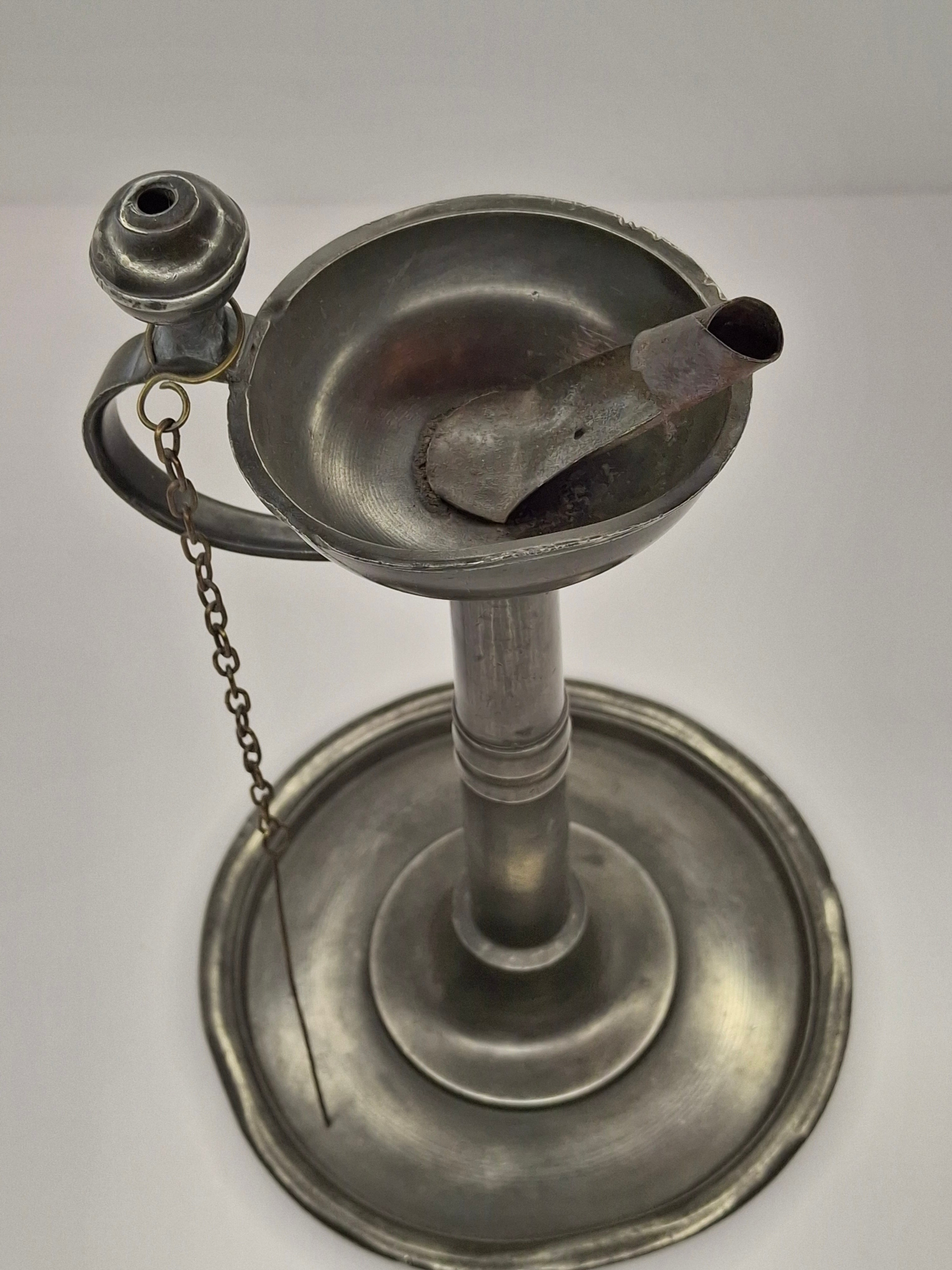 Ultra-Rare Circa 1680 English Pewter Betty Fat Lamp Tabletop w/ Dated Key-Shield Makers Mark '1680' & Wick Picker - Colonial Primitive