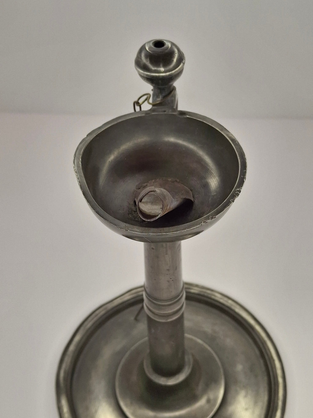 Ultra-Rare Circa 1680 English Pewter Betty Fat Lamp Tabletop w/ Dated Key-Shield Makers Mark '1680' & Wick Picker - Colonial Primitive