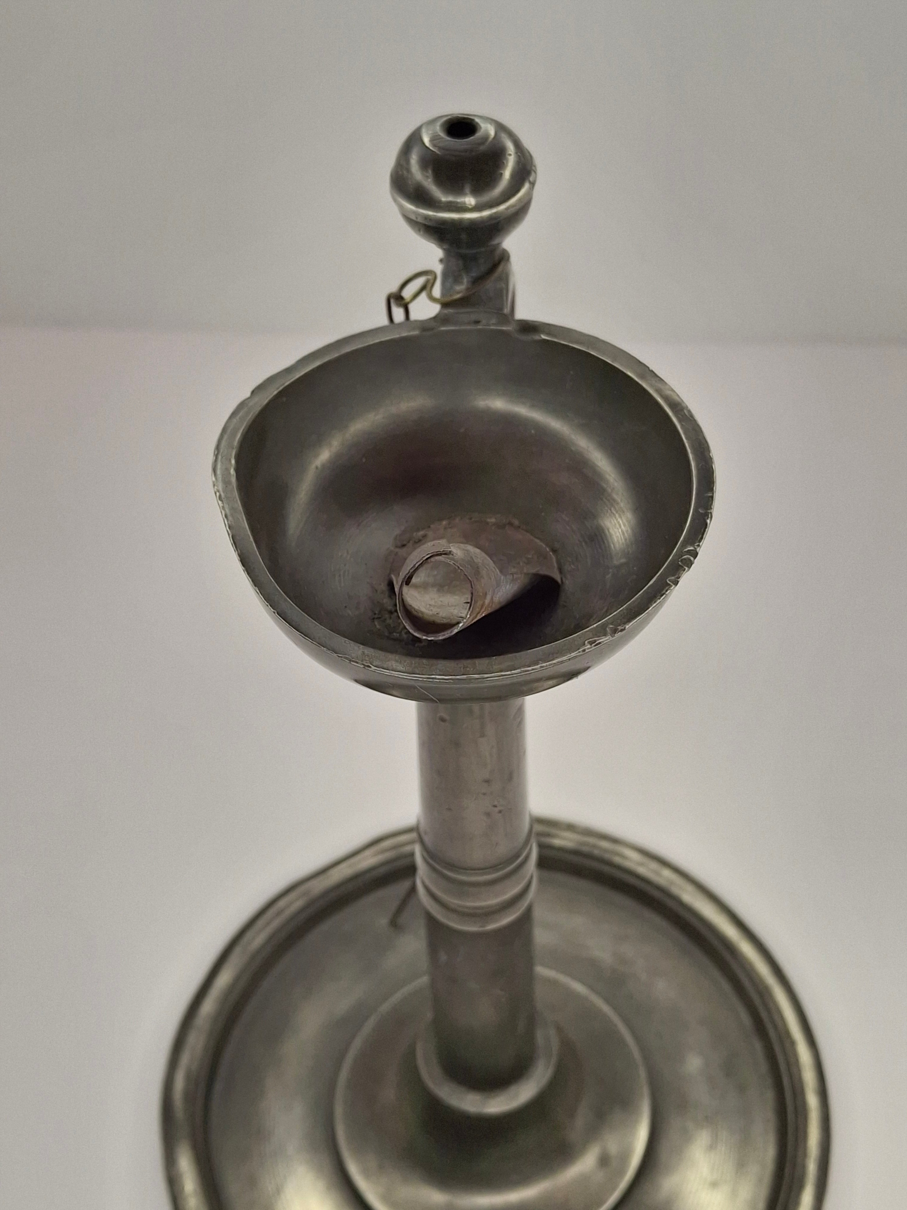 Ultra-Rare Circa 1680 English Pewter Betty Fat Lamp Tabletop w/ Dated Key-Shield Makers Mark '1680' & Wick Picker - Colonial Primitive