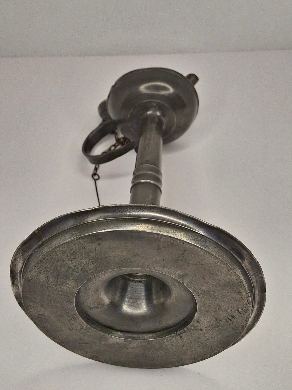 Ultra-Rare Circa 1680 English Pewter Betty Fat Lamp Tabletop w/ Dated Key-Shield Makers Mark '1680' & Wick Picker - Colonial Primitive