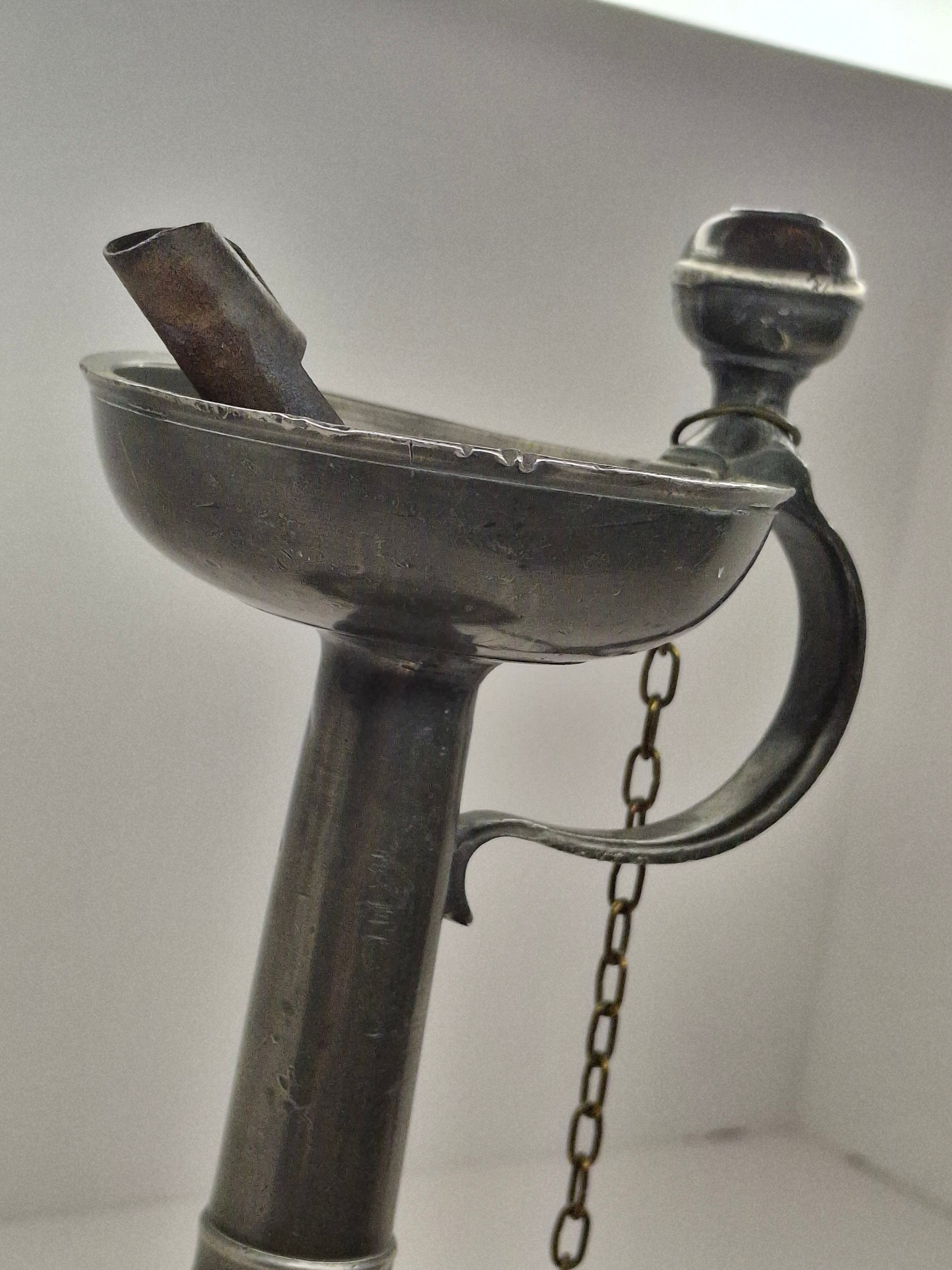 Ultra-Rare Circa 1680 English Pewter Betty Fat Lamp Tabletop w/ Dated Key-Shield Makers Mark '1680' & Wick Picker - Colonial Primitive