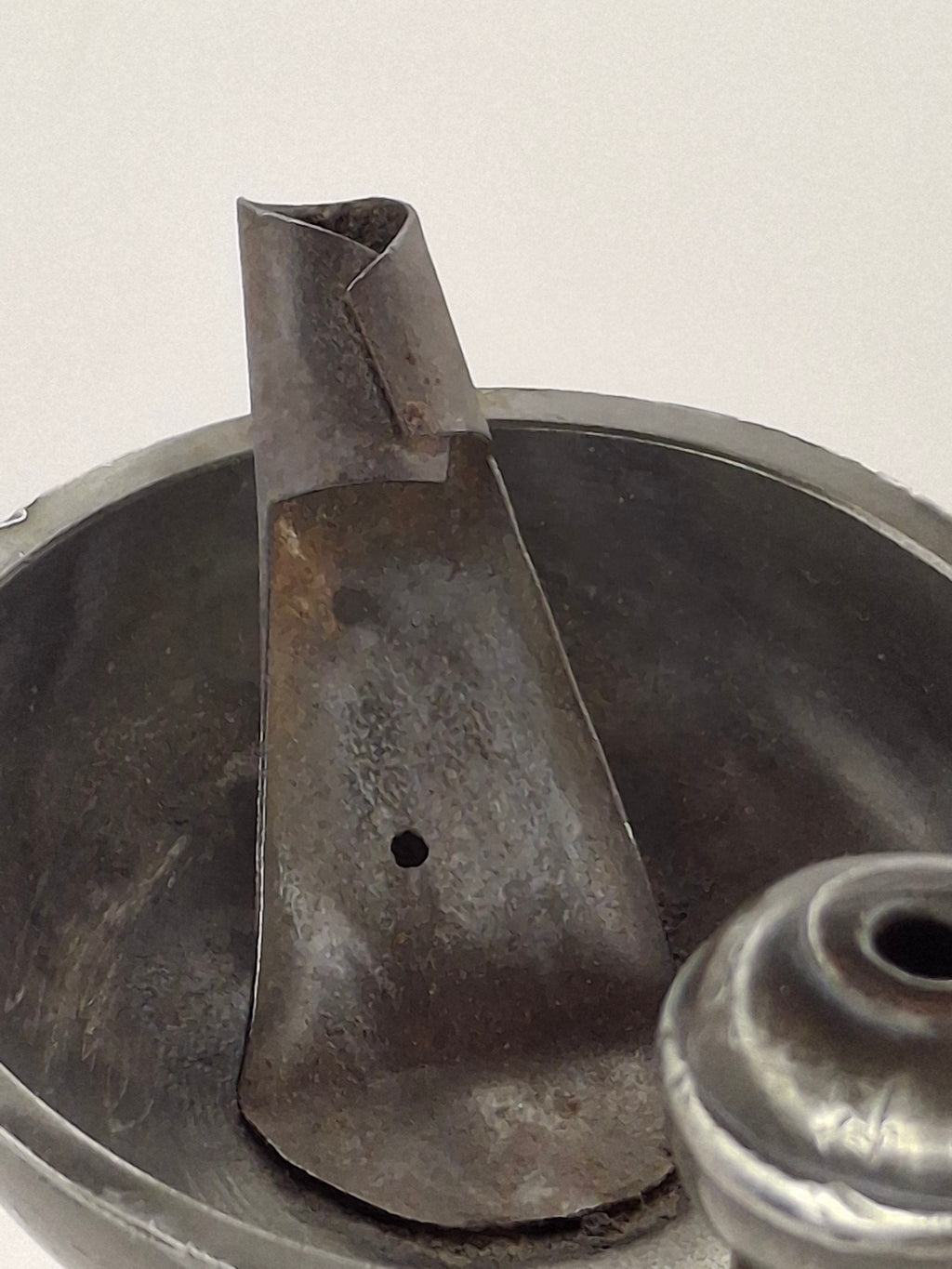 Ultra-Rare Circa 1680 English Pewter Betty Fat Lamp Tabletop w/ Dated Key-Shield Makers Mark '1680' & Wick Picker - Colonial Primitive