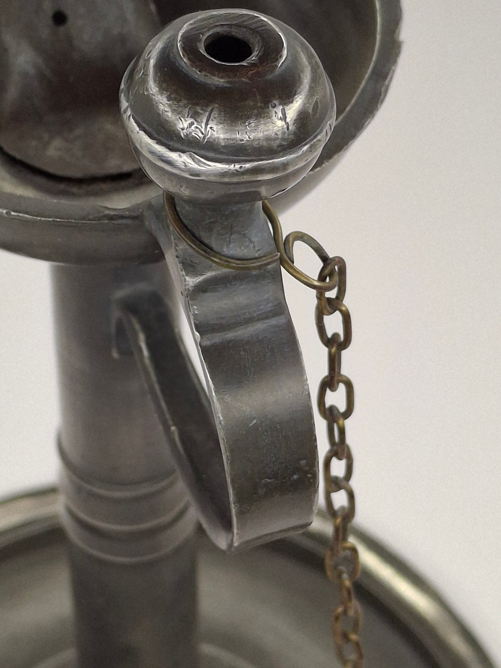 Ultra-Rare Circa 1680 English Pewter Betty Fat Lamp Tabletop w/ Dated Key-Shield Makers Mark '1680' & Wick Picker - Colonial Primitive