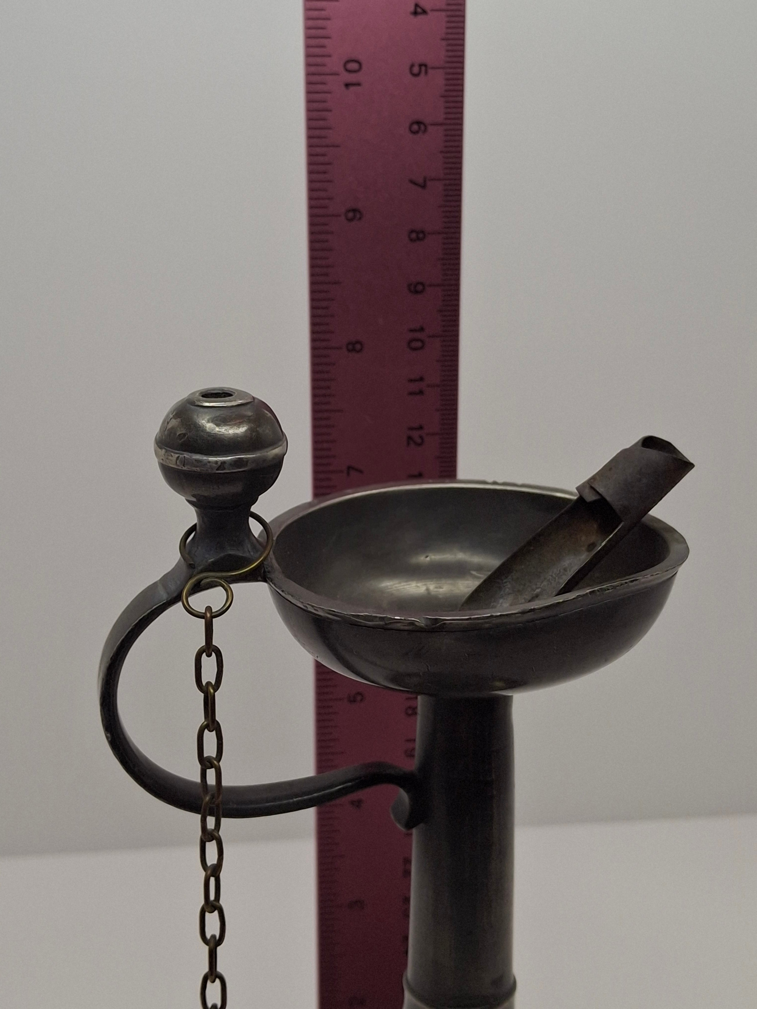 Ultra-Rare Circa 1680 English Pewter Betty Fat Lamp Tabletop w/ Dated Key-Shield Makers Mark '1680' & Wick Picker - Colonial Primitive