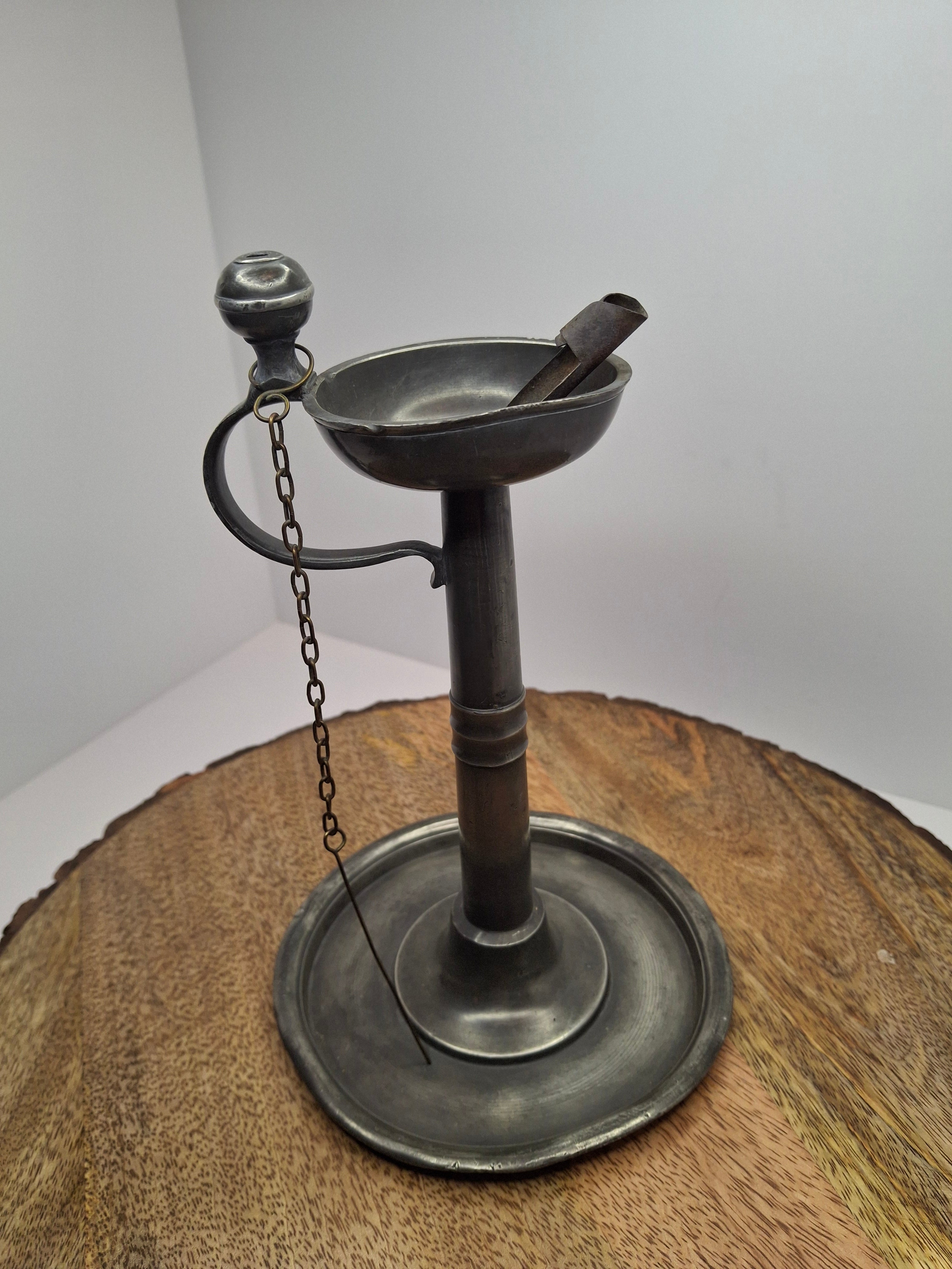 Ultra-Rare Circa 1680 English Pewter Betty Fat Lamp Tabletop w/ Dated Key-Shield Makers Mark '1680' & Wick Picker - Colonial Primitive