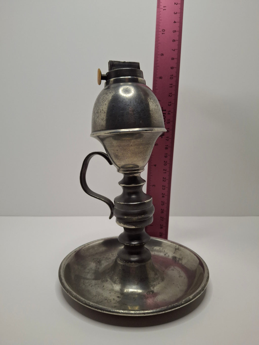 Antique 1835-1846 Samuel Rust Patent Burner Pewter Lard/Whale Oil Finger Lamp - New York Marked - Rare 19thC Lighting