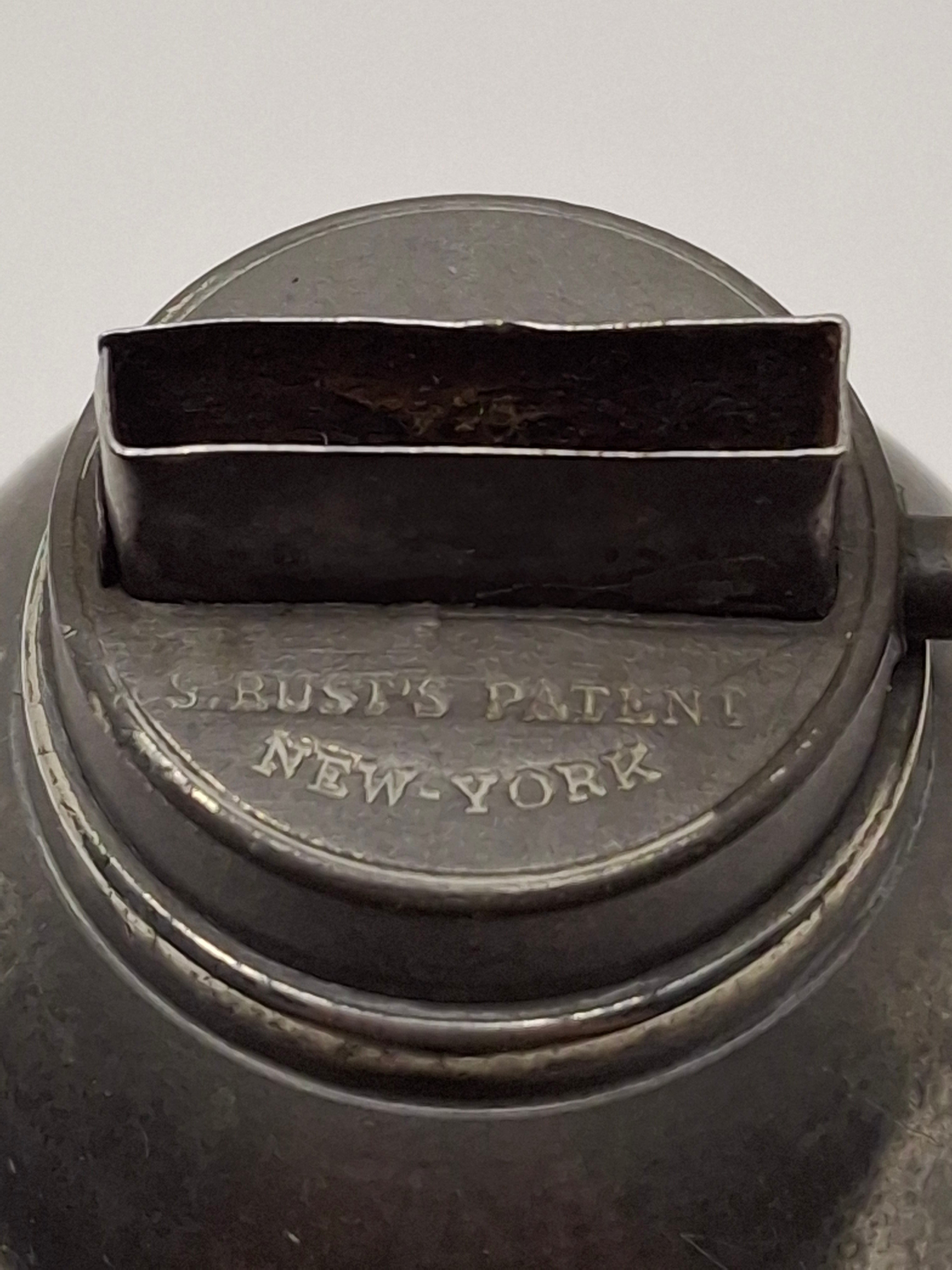 Antique 1835-1846 Samuel Rust Patent Burner Pewter Lard/Whale Oil Finger Lamp - New York Marked - Rare 19thC Lighting