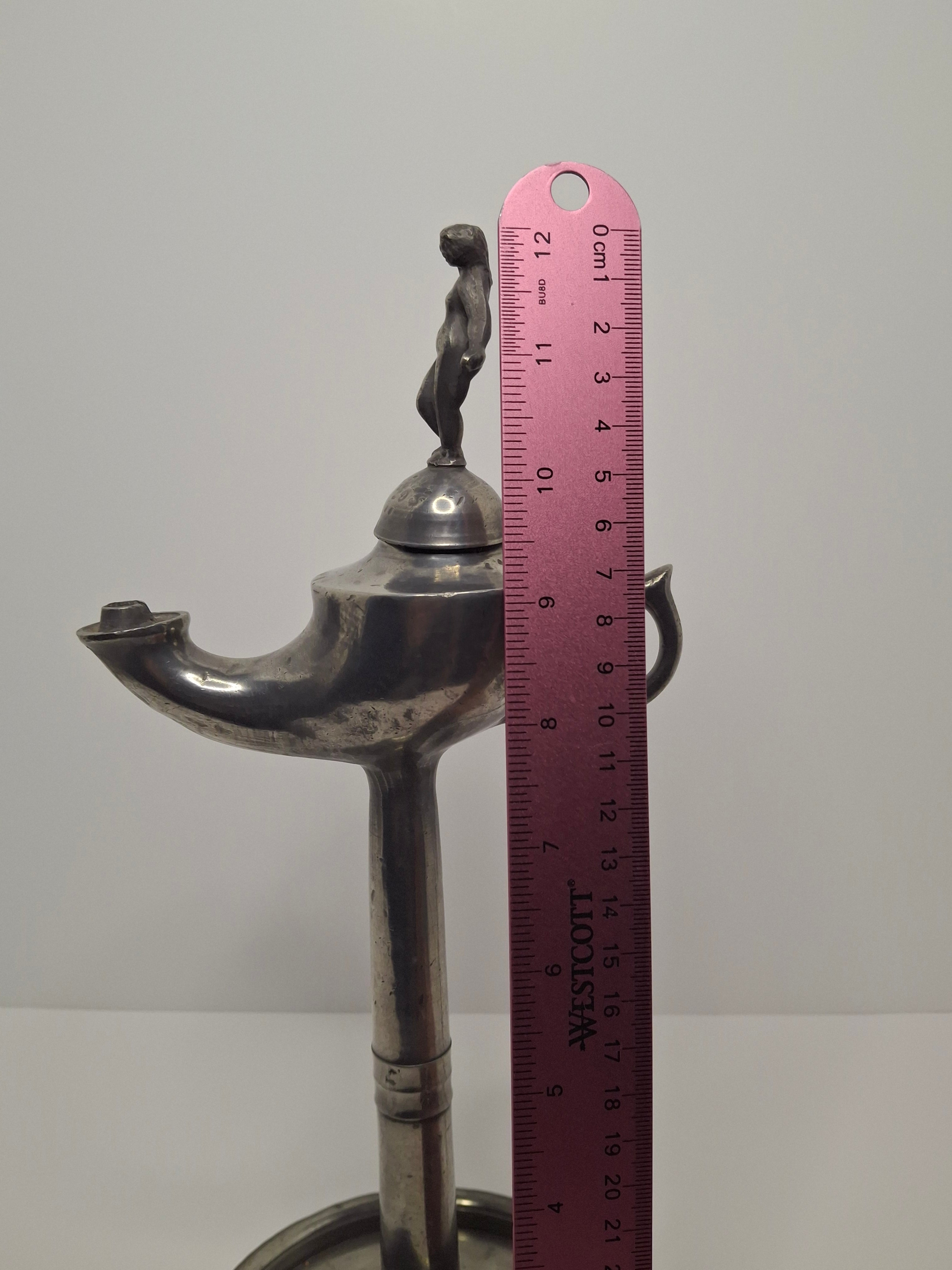 Lot of 2 - Antique 19th Century Pewter Whale Oil Fat Lamps with Figurine, Wick Pick - European