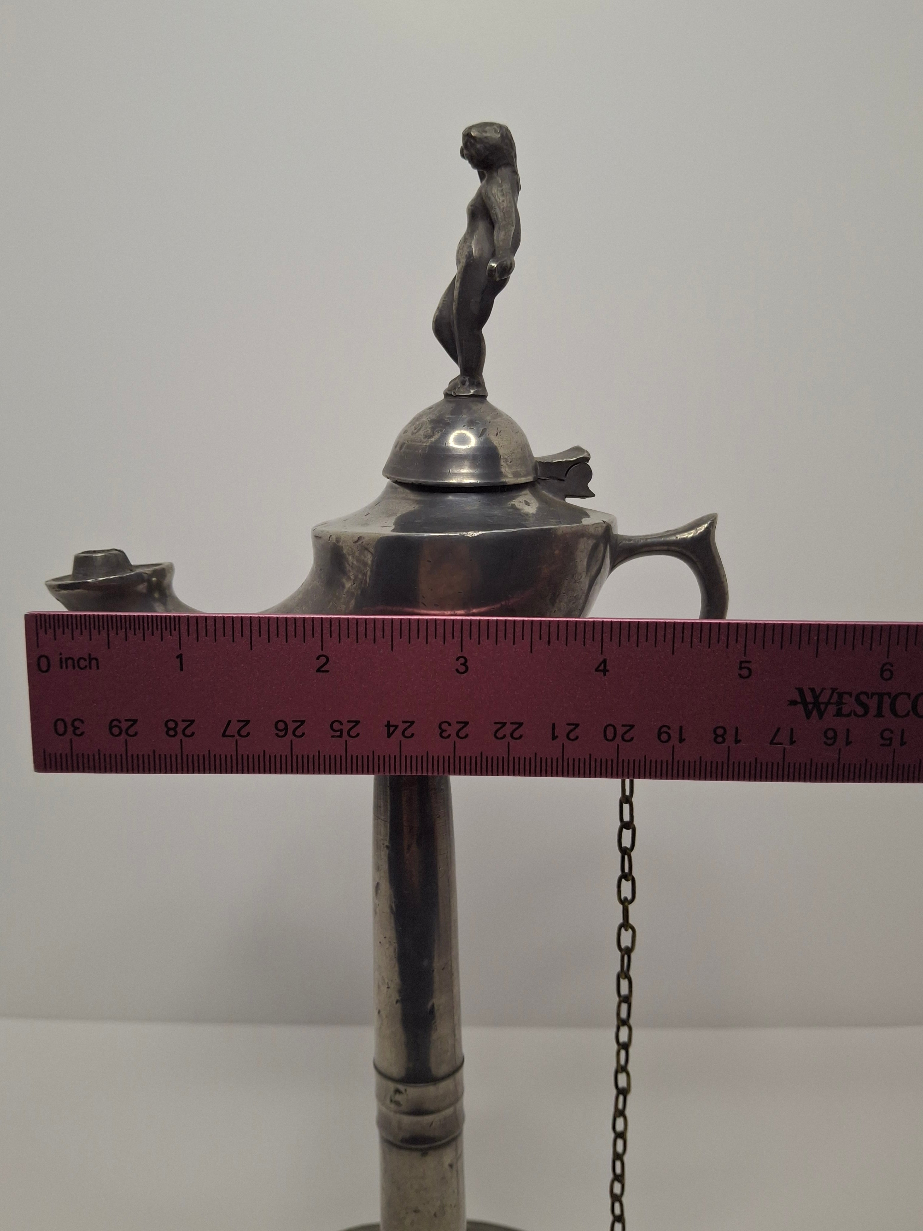 Lot of 2 - Antique 19th Century Pewter Whale Oil Fat Lamps with Figurine, Wick Pick - European