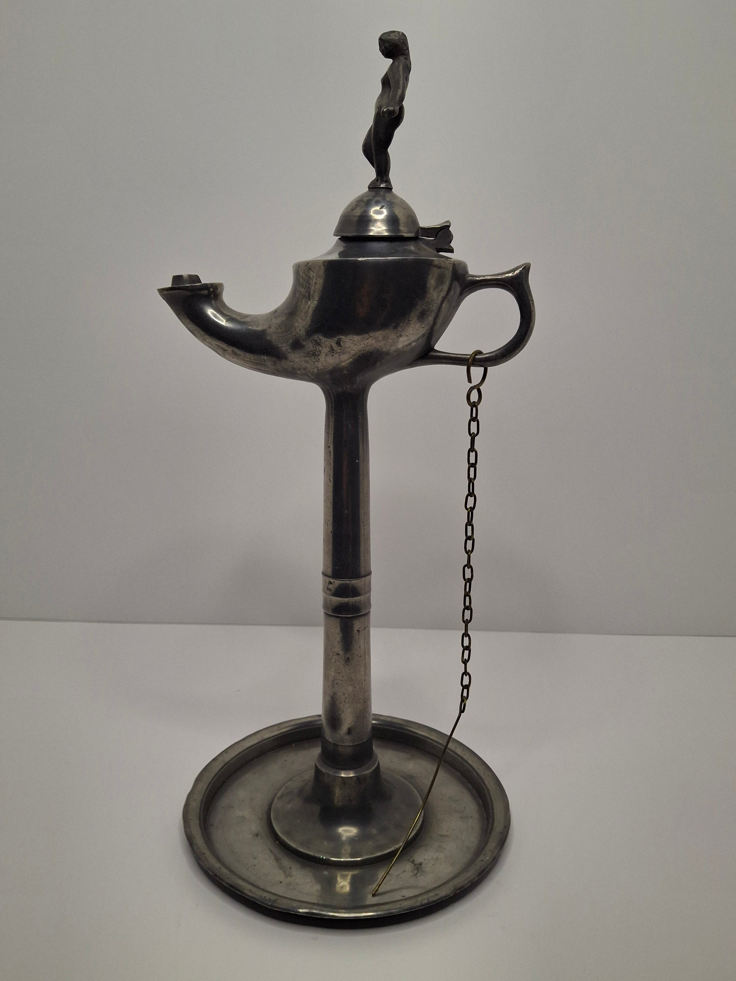 Lot of 2 - Antique 19th Century Pewter Whale Oil Fat Lamps with Figurine, Wick Pick - European