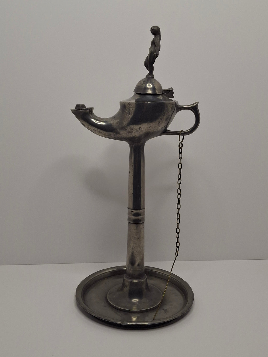 Lot of 2 - Antique 19th Century Pewter Whale Oil Fat Lamps with Figurine, Wick Pick - European