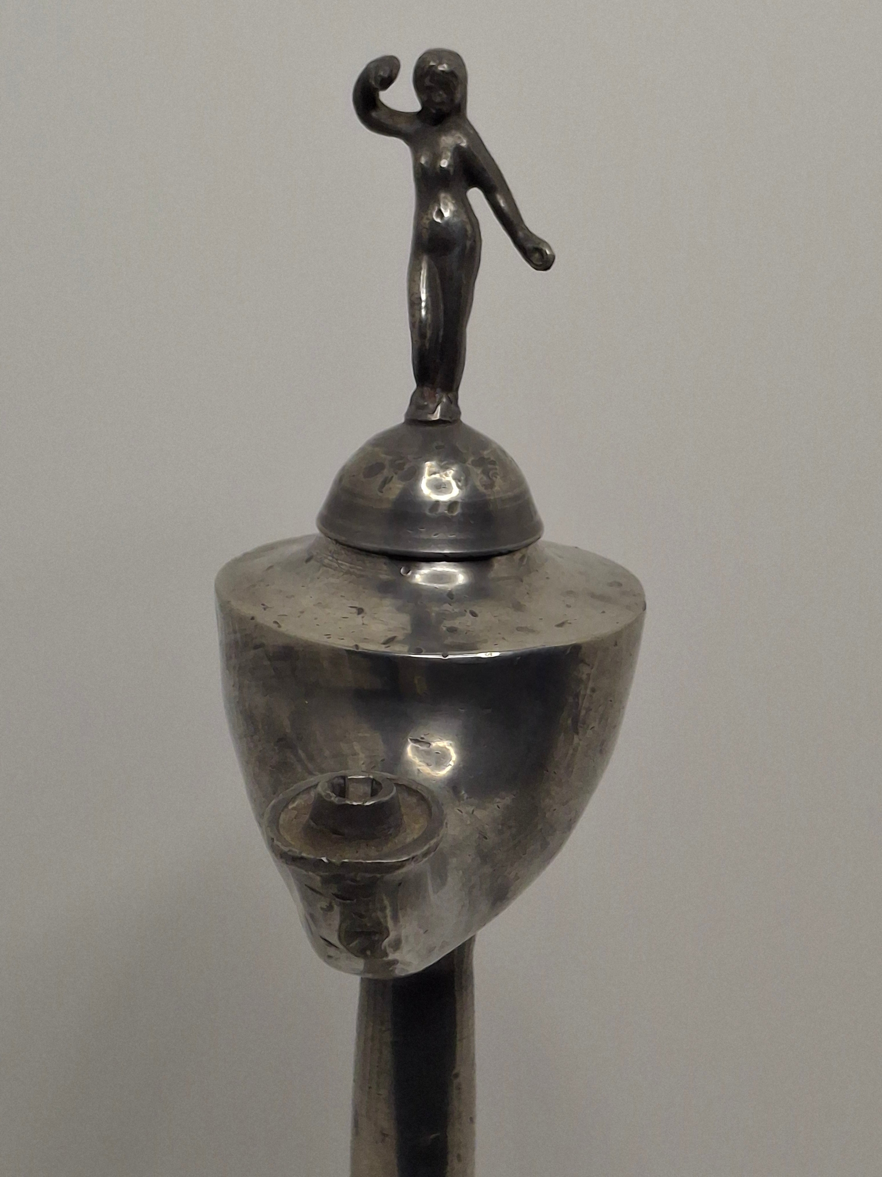 Lot of 2 - Antique 19th Century Pewter Whale Oil Fat Lamps with Figurine, Wick Pick - European