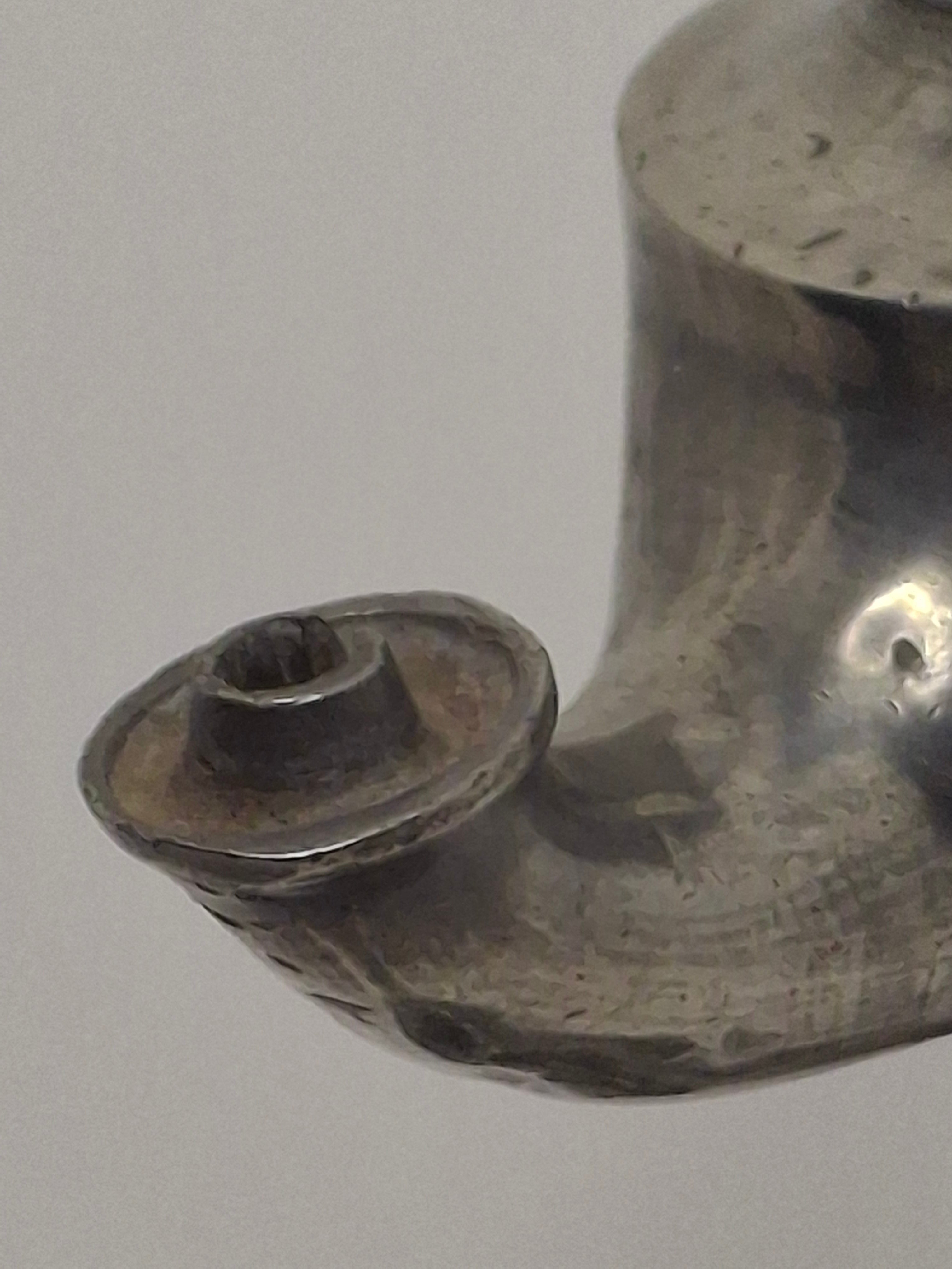 Lot of 2 - Antique 19th Century Pewter Whale Oil Fat Lamps with Figurine, Wick Pick - European