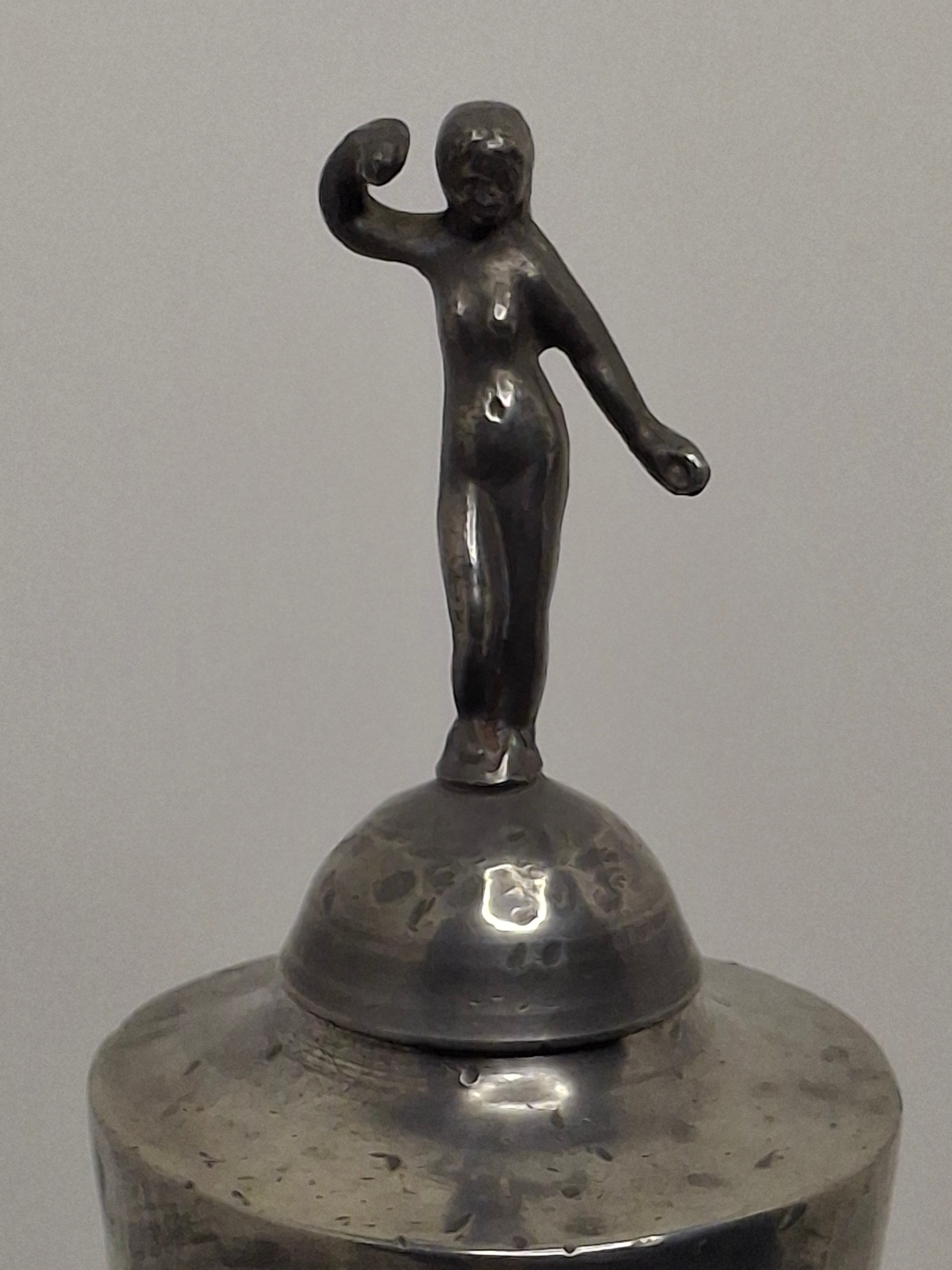 Lot of 2 - Antique 19th Century Pewter Whale Oil Fat Lamps with Figurine, Wick Pick - European