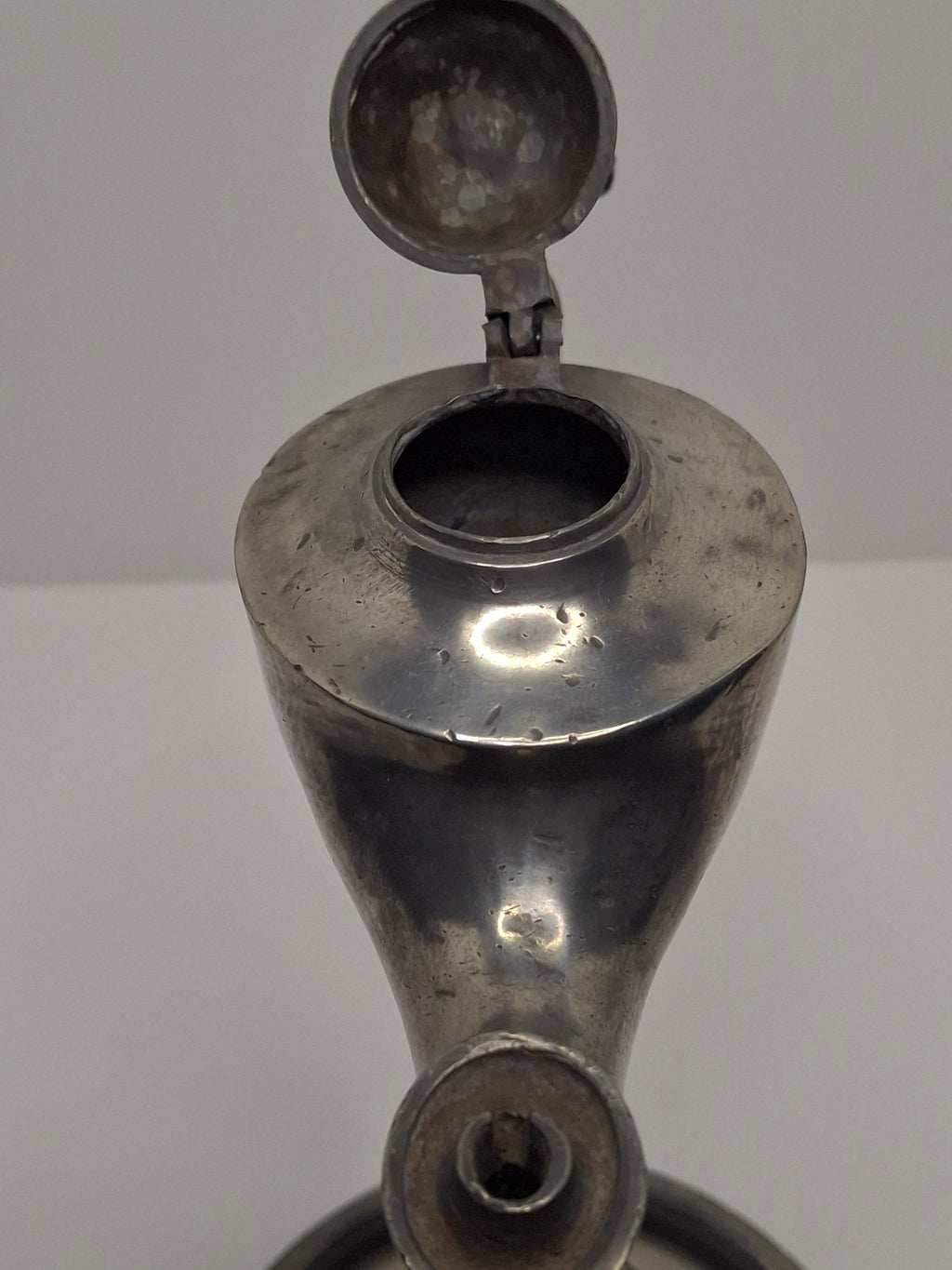 Lot of 2 - Antique 19th Century Pewter Whale Oil Fat Lamps with Figurine, Wick Pick - European