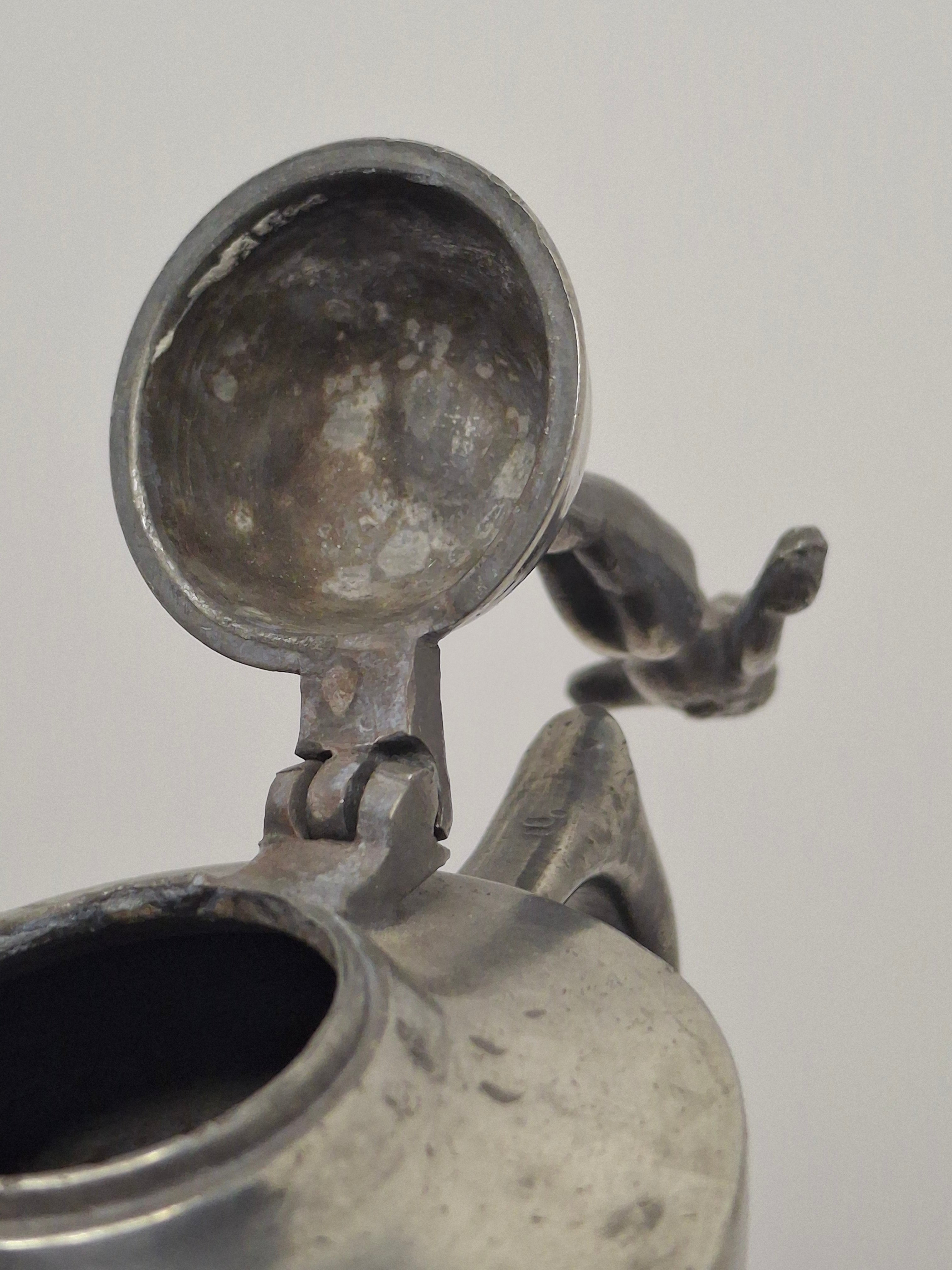 Lot of 2 - Antique 19th Century Pewter Whale Oil Fat Lamps with Figurine, Wick Pick - European