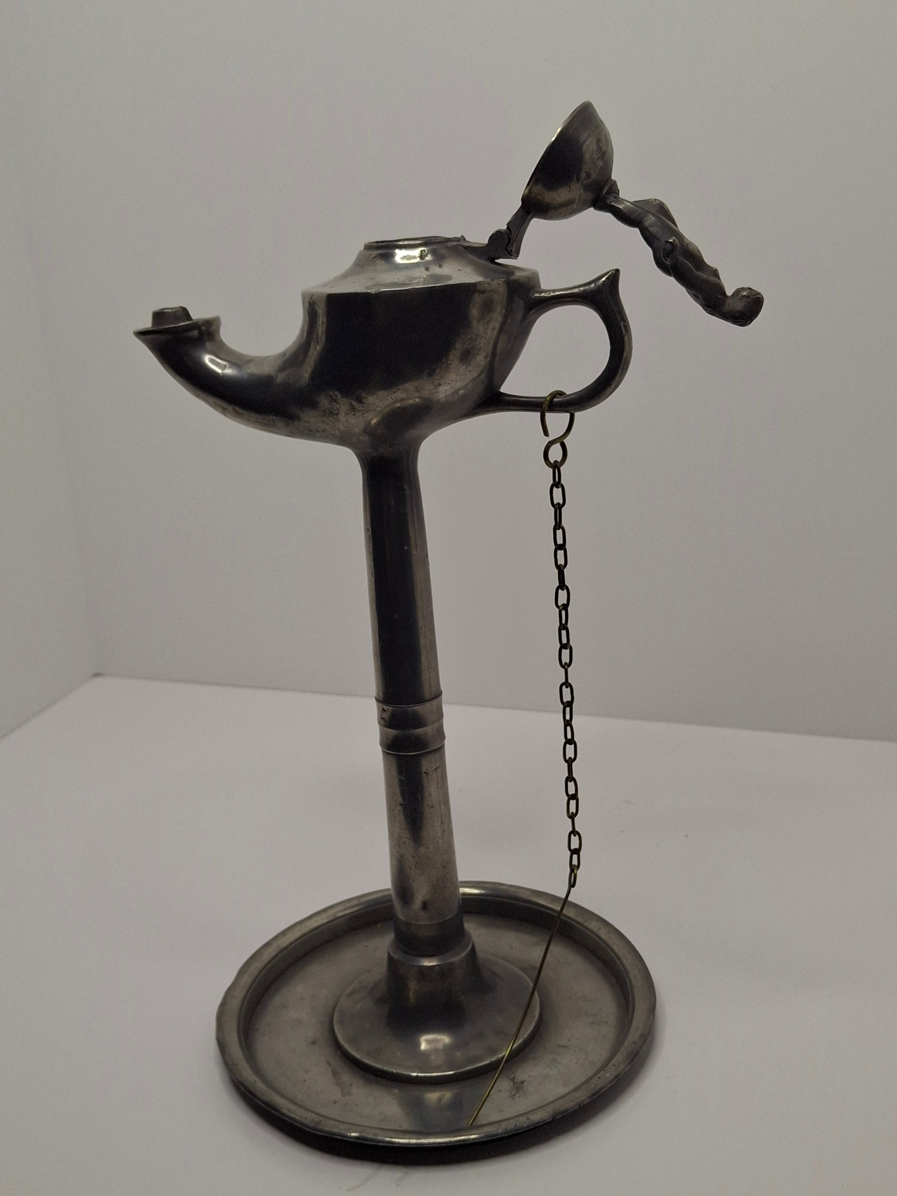 Lot of 2 - Antique 19th Century Pewter Whale Oil Fat Lamps with Figurine, Wick Pick - European