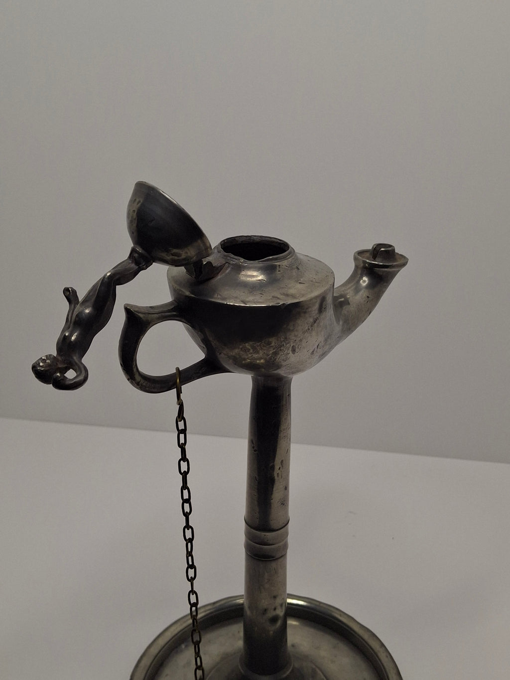 Lot of 2 - Antique 19th Century Pewter Whale Oil Fat Lamps with Figurine, Wick Pick - European