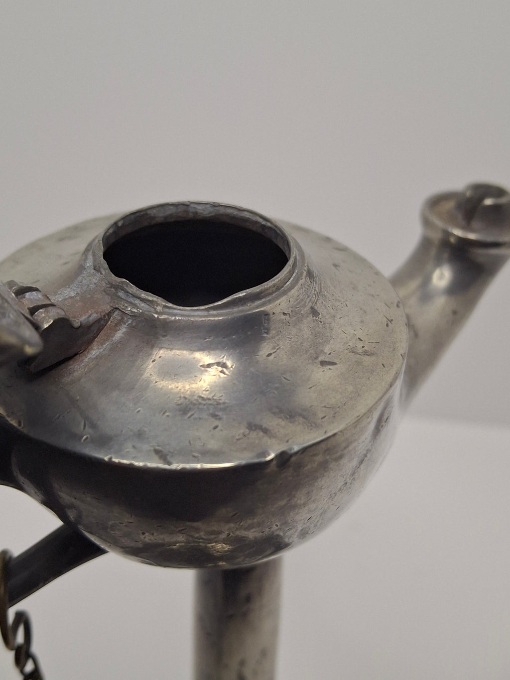 Lot of 2 - Antique 19th Century Pewter Whale Oil Fat Lamps with Figurine, Wick Pick - European