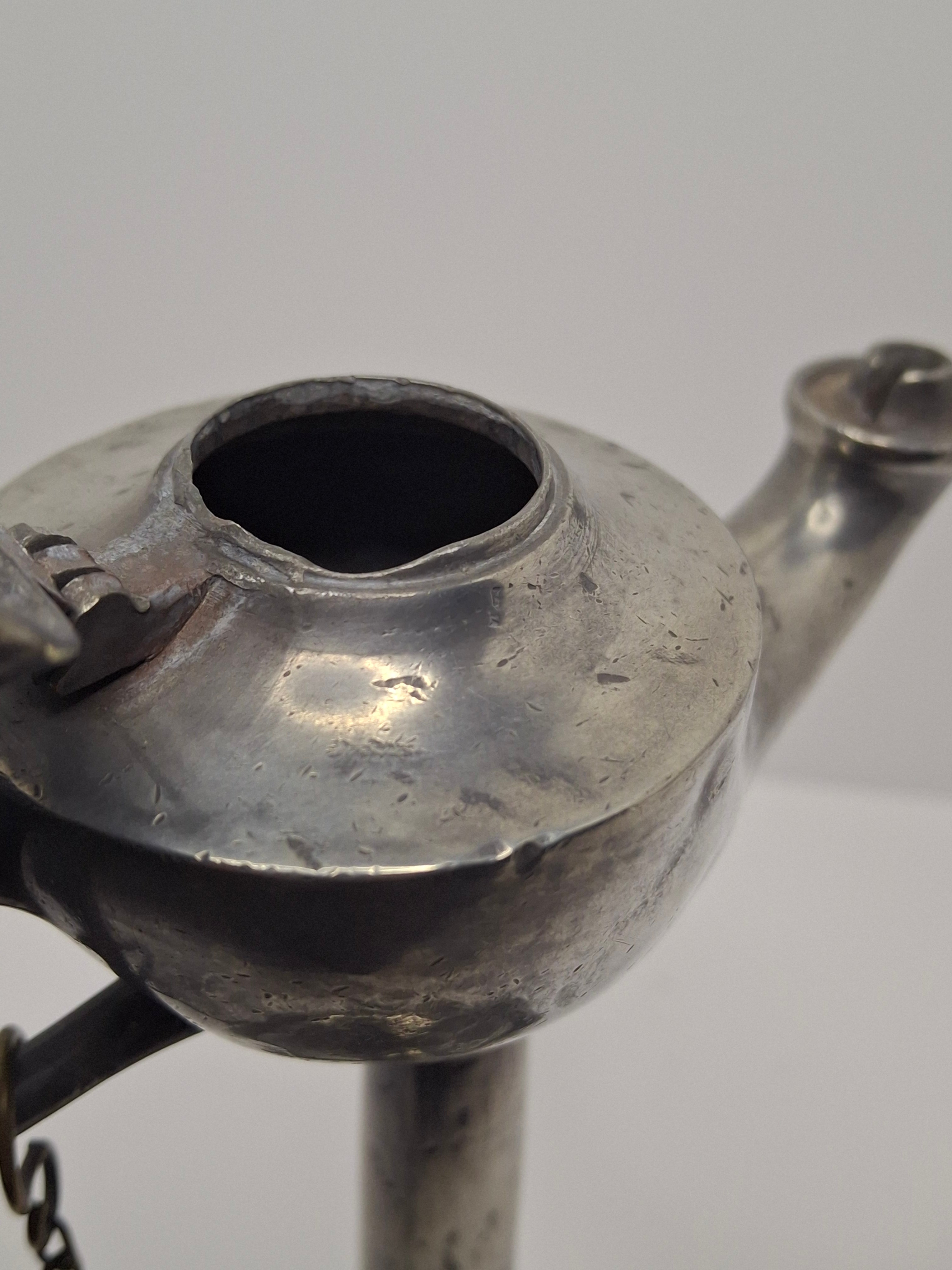 Lot of 2 - Antique 19th Century Pewter Whale Oil Fat Lamps with Figurine, Wick Pick - European