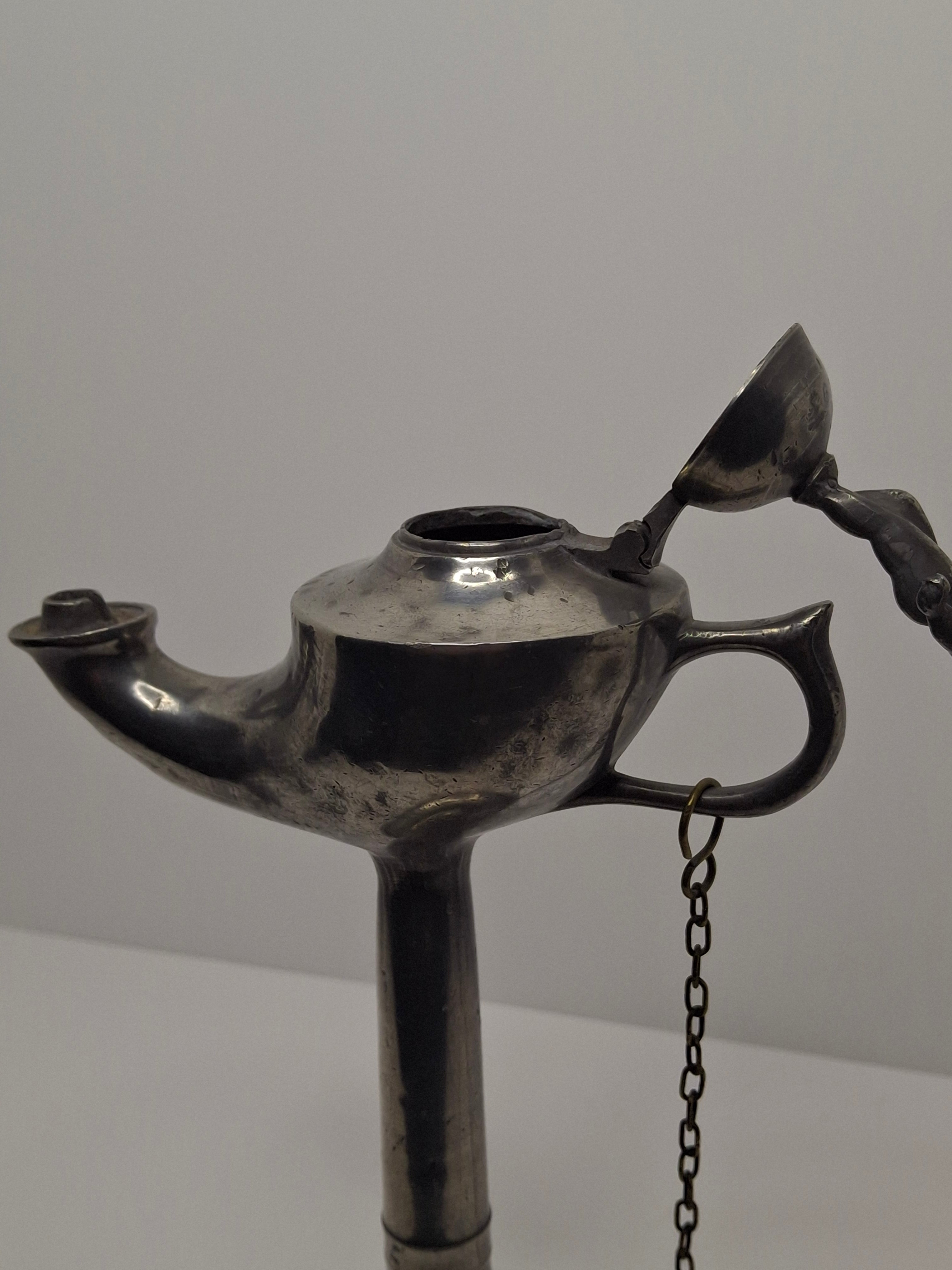 Lot of 2 - Antique 19th Century Pewter Whale Oil Fat Lamps with Figurine, Wick Pick - European