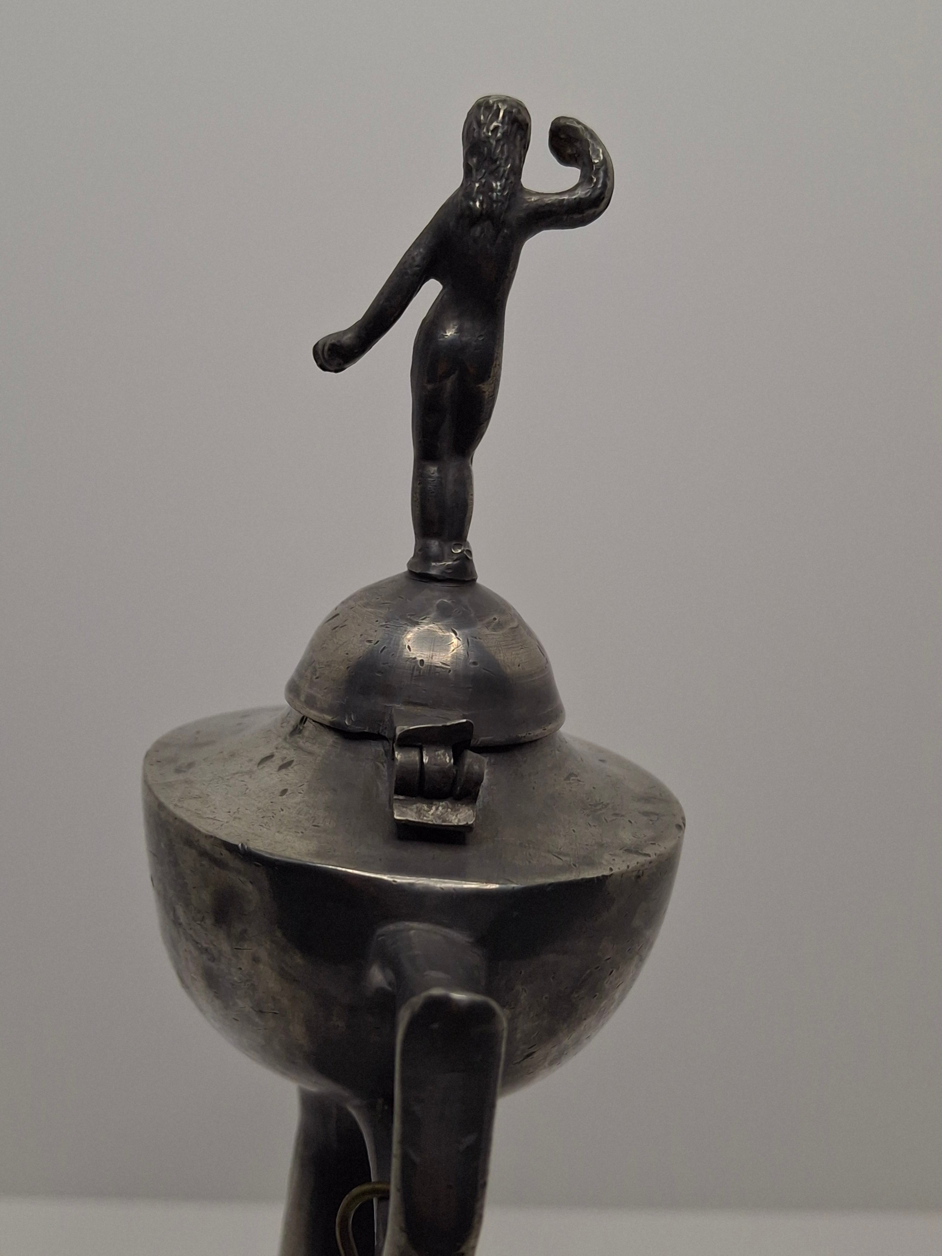 Lot of 2 - Antique 19th Century Pewter Whale Oil Fat Lamps with Figurine, Wick Pick - European