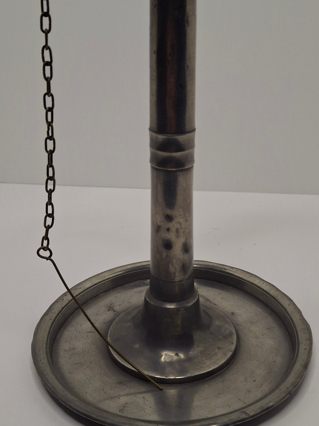 Lot of 2 - Antique 19th Century Pewter Whale Oil Fat Lamps with Figurine, Wick Pick - European