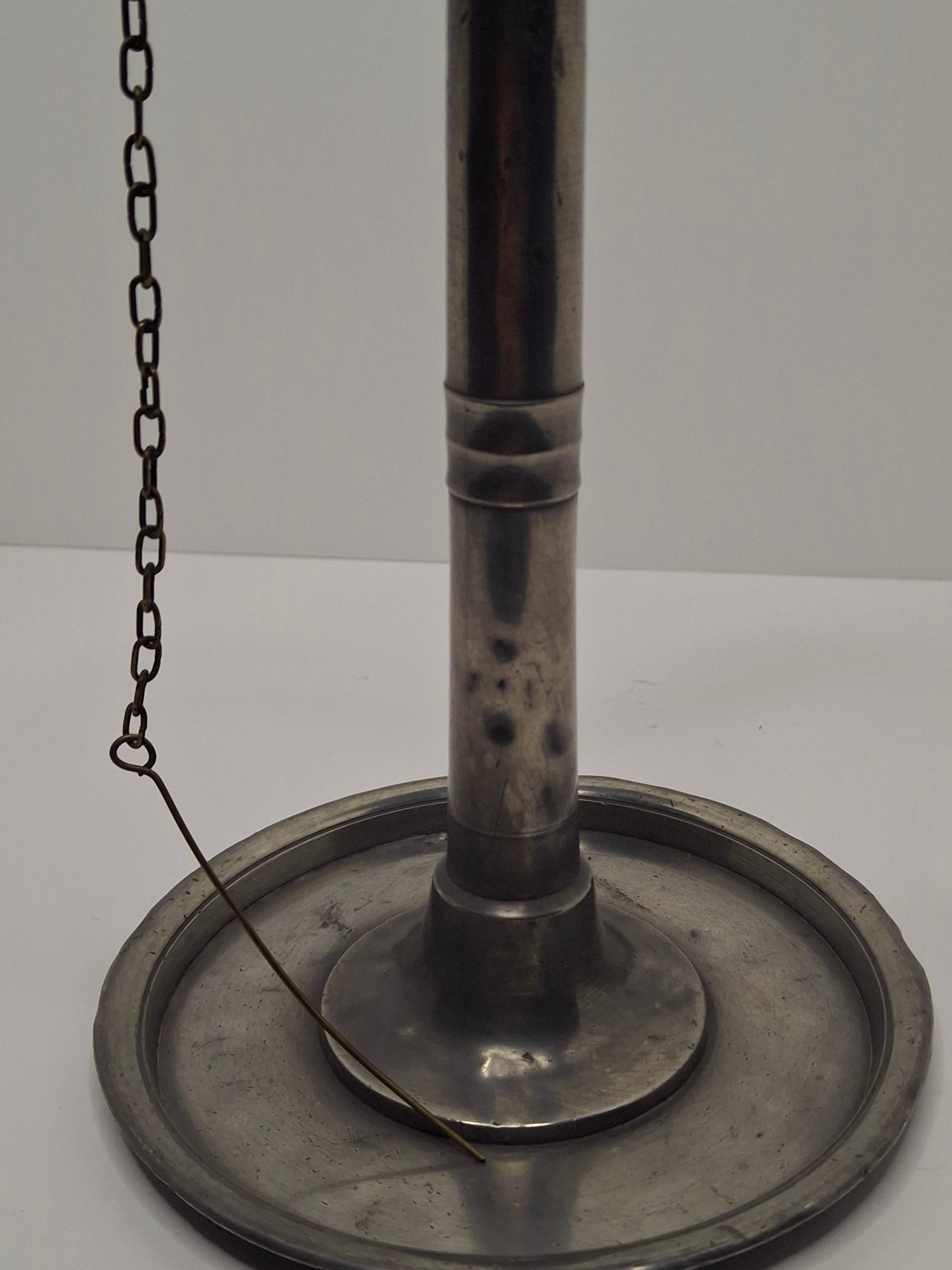 Lot of 2 - Antique 19th Century Pewter Whale Oil Fat Lamps with Figurine, Wick Pick - European