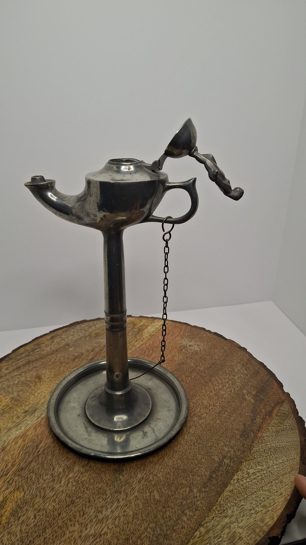 Lot of 2 - Antique 19th Century Pewter Whale Oil Fat Lamps with Figurine, Wick Pick - European