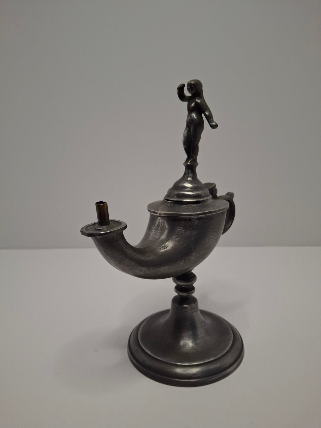 Lot of 2 - Antique 19th Century Pewter Whale Oil Fat Lamps with Figurine, Wick Pick - European