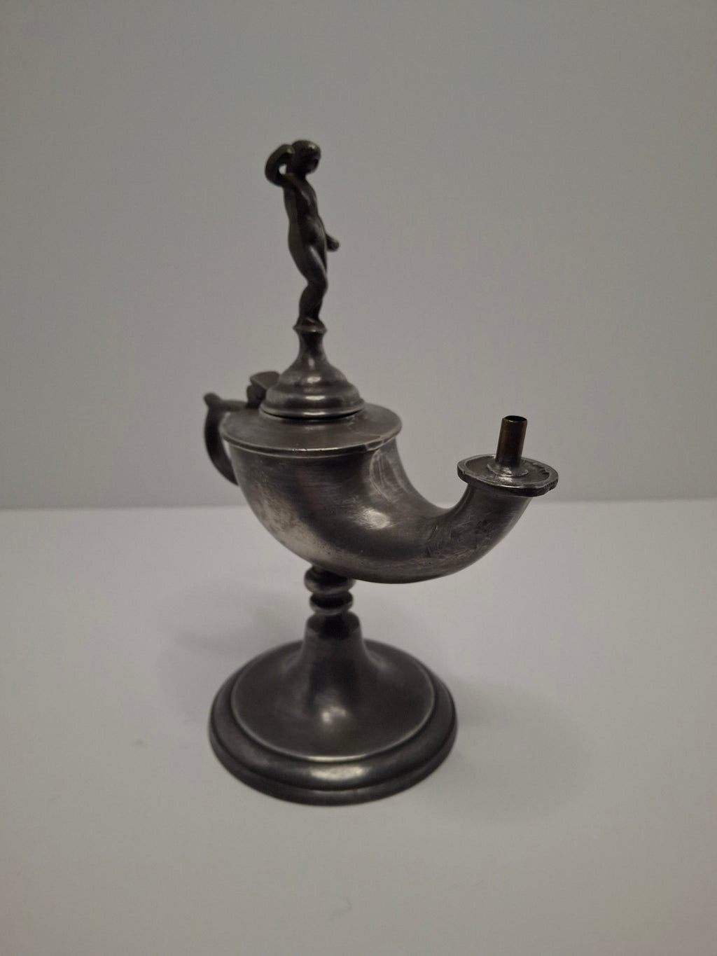 Lot of 2 - Antique 19th Century Pewter Whale Oil Fat Lamps with Figurine, Wick Pick - European