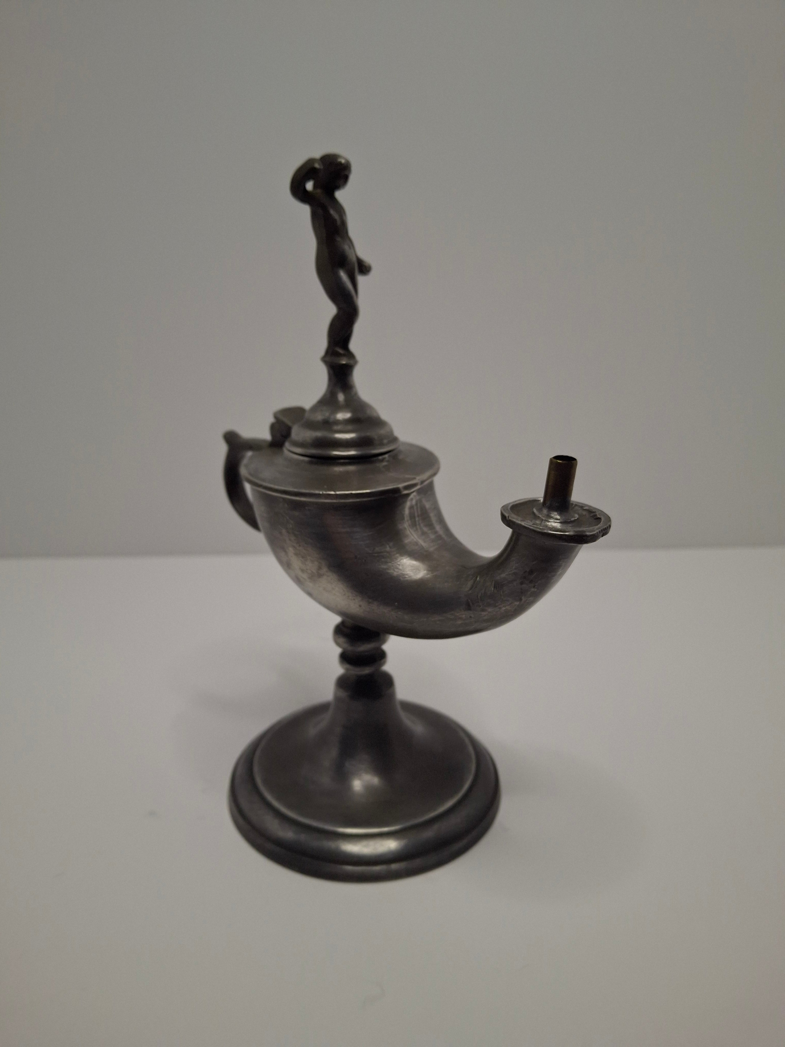 Lot of 2 - Antique 19th Century Pewter Whale Oil Fat Lamps with Figurine, Wick Pick - European