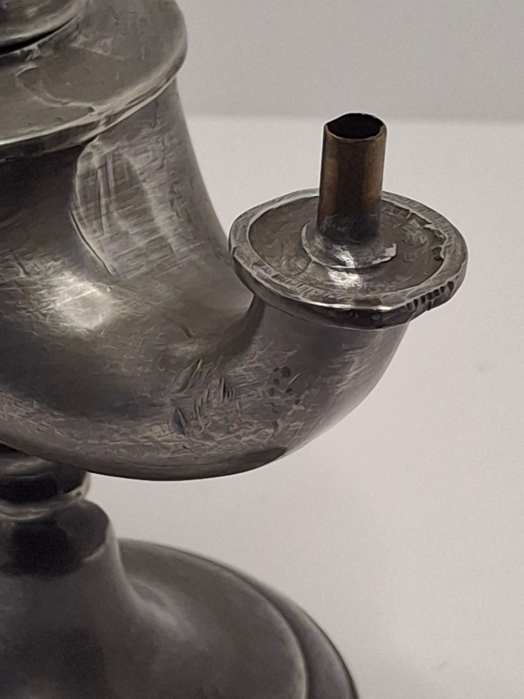 Lot of 2 - Antique 19th Century Pewter Whale Oil Fat Lamps with Figurine, Wick Pick - European