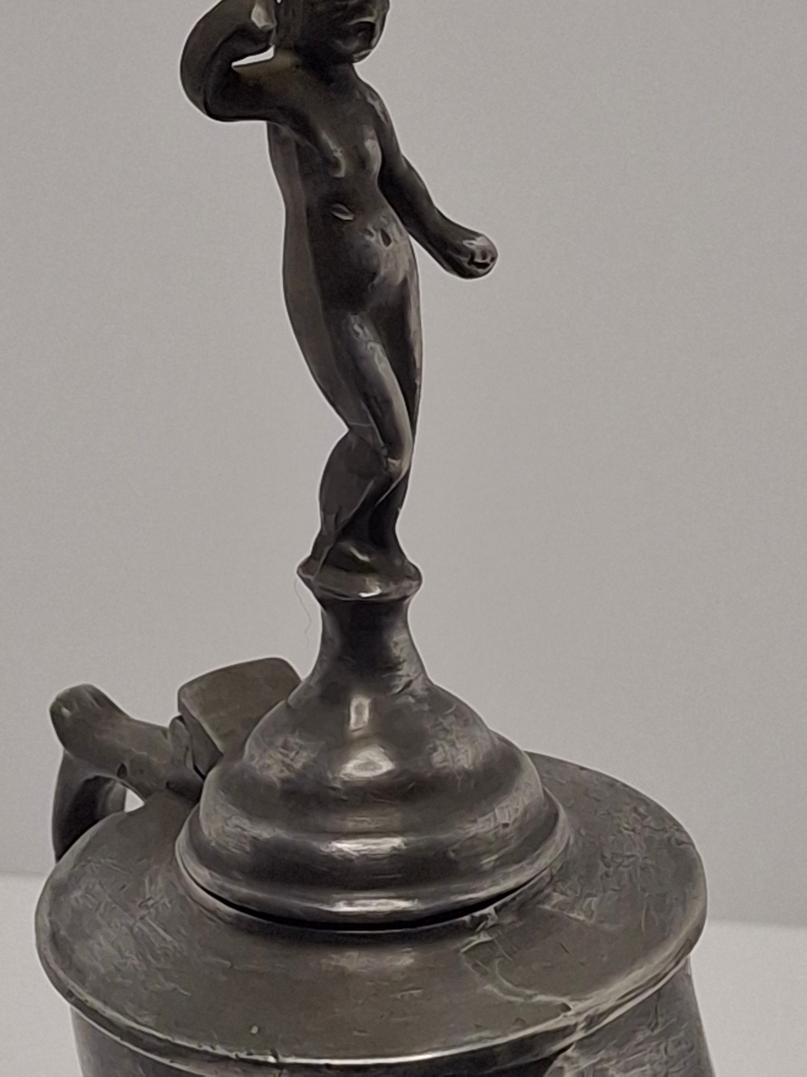 Lot of 2 - Antique 19th Century Pewter Whale Oil Fat Lamps with Figurine, Wick Pick - European