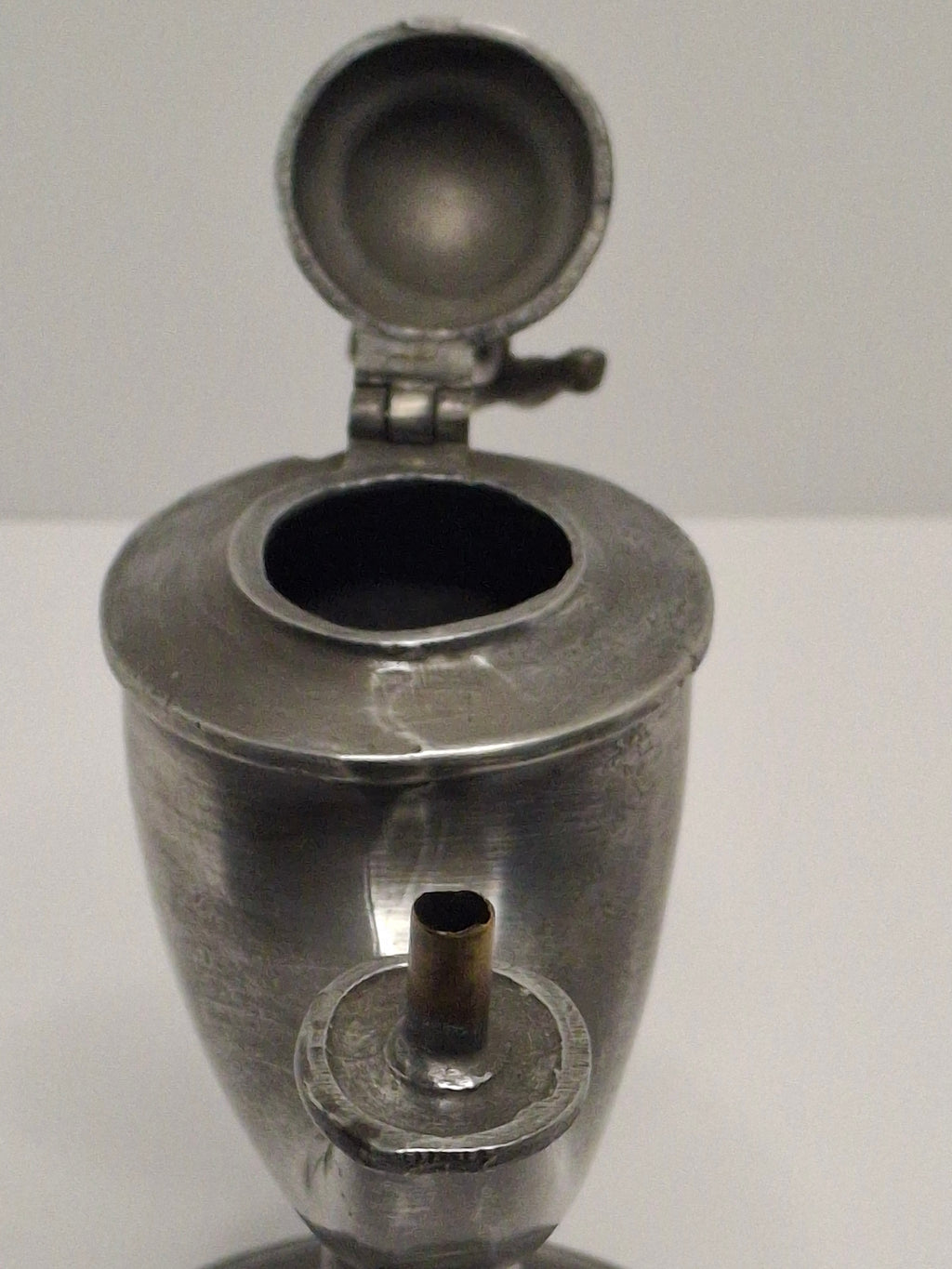 Lot of 2 - Antique 19th Century Pewter Whale Oil Fat Lamps with Figurine, Wick Pick - European