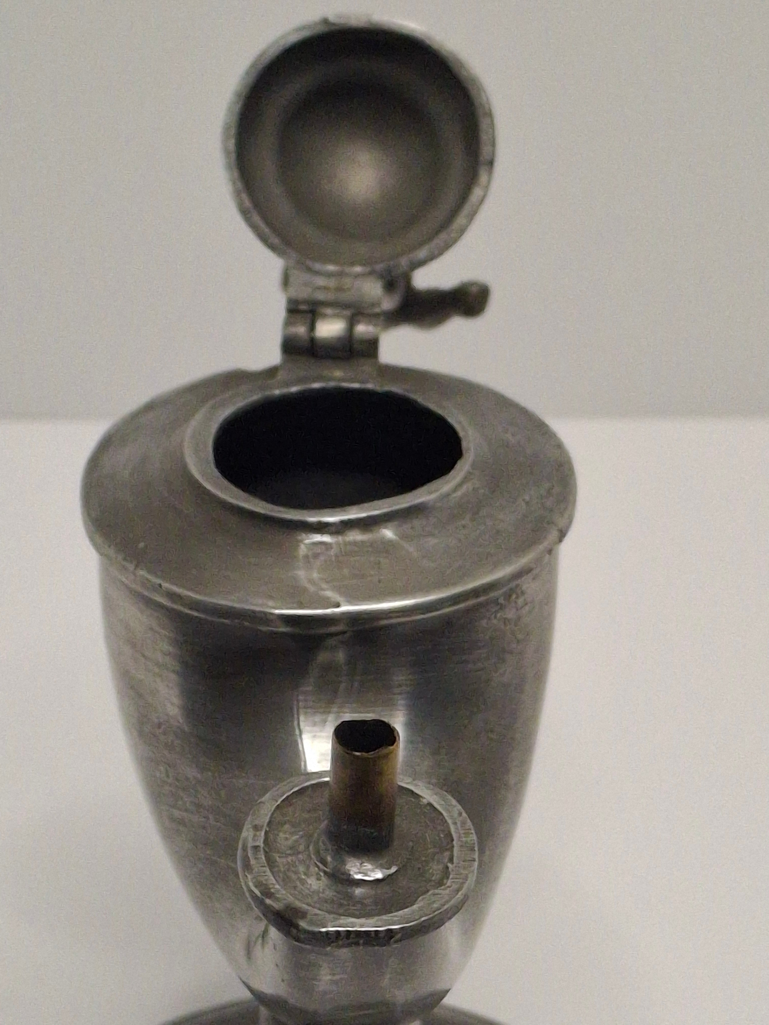 Lot of 2 - Antique 19th Century Pewter Whale Oil Fat Lamps with Figurine, Wick Pick - European