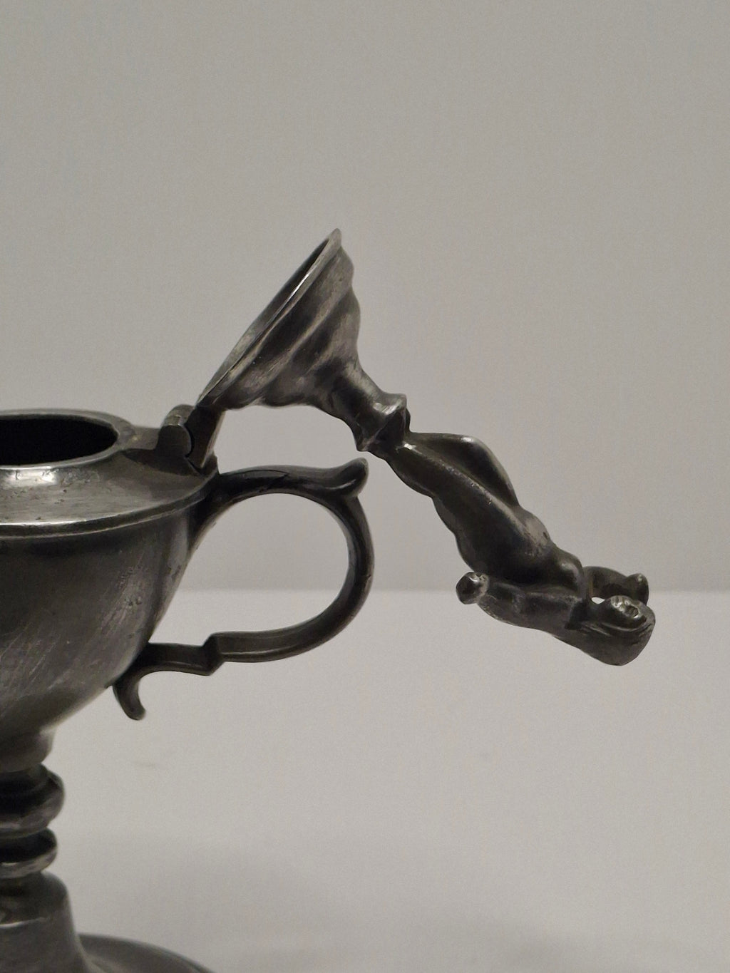 Lot of 2 - Antique 19th Century Pewter Whale Oil Fat Lamps with Figurine, Wick Pick - European