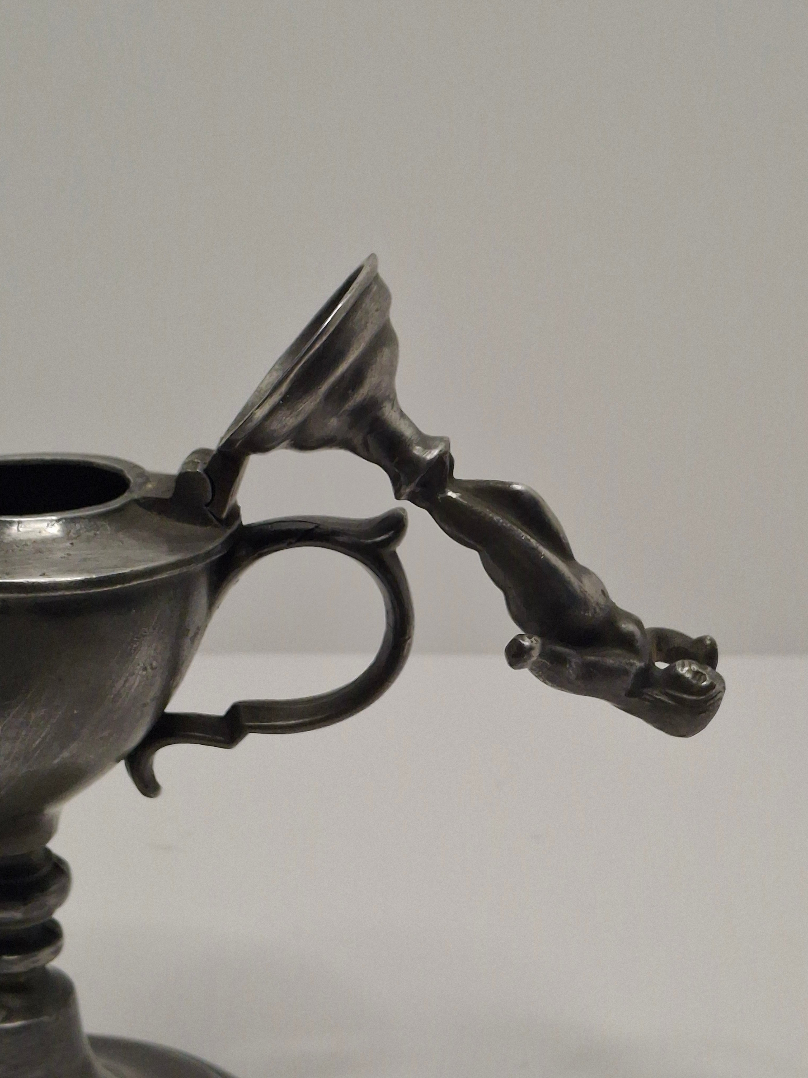 Lot of 2 - Antique 19th Century Pewter Whale Oil Fat Lamps with Figurine, Wick Pick - European