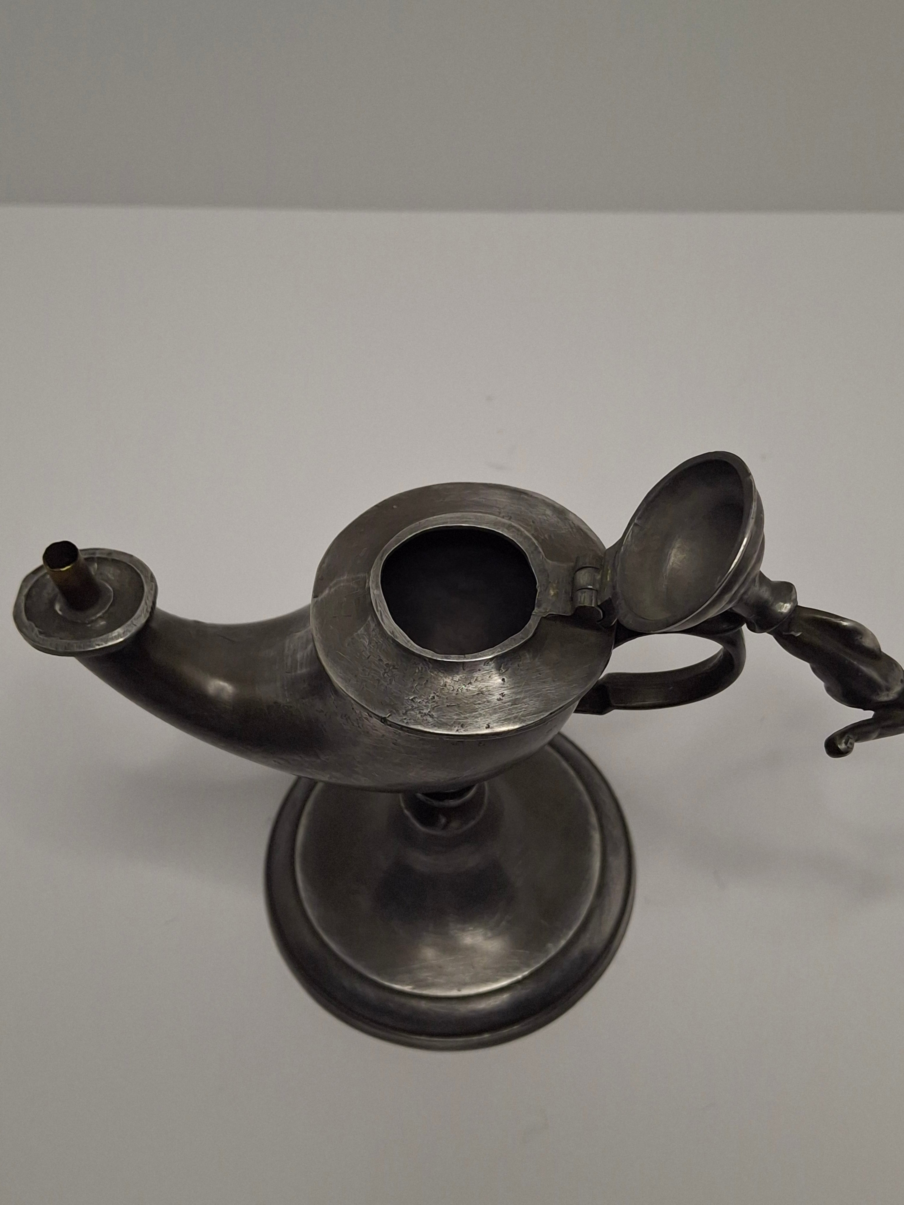 Lot of 2 - Antique 19th Century Pewter Whale Oil Fat Lamps with Figurine, Wick Pick - European