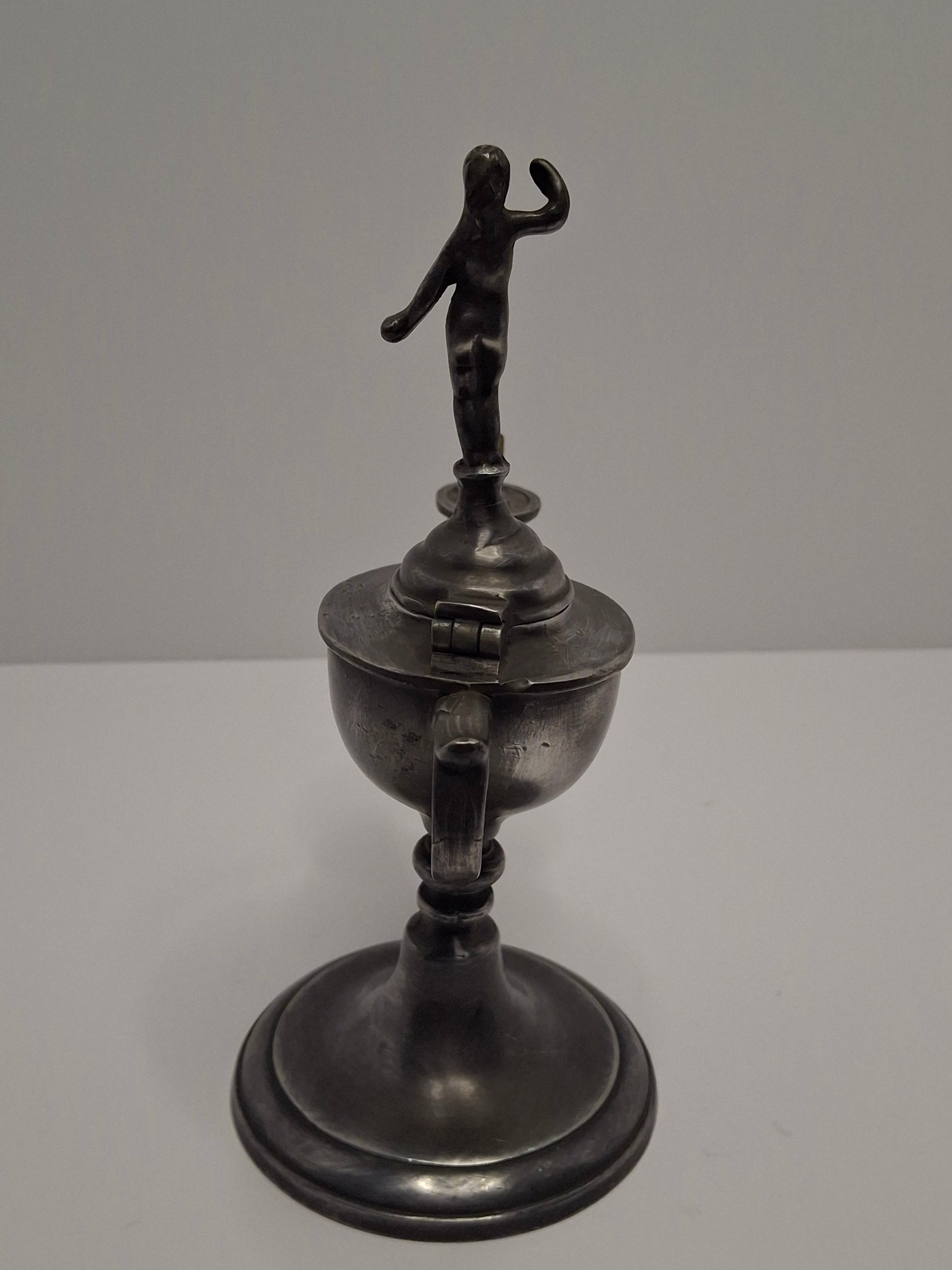 Lot of 2 - Antique 19th Century Pewter Whale Oil Fat Lamps with Figurine, Wick Pick - European