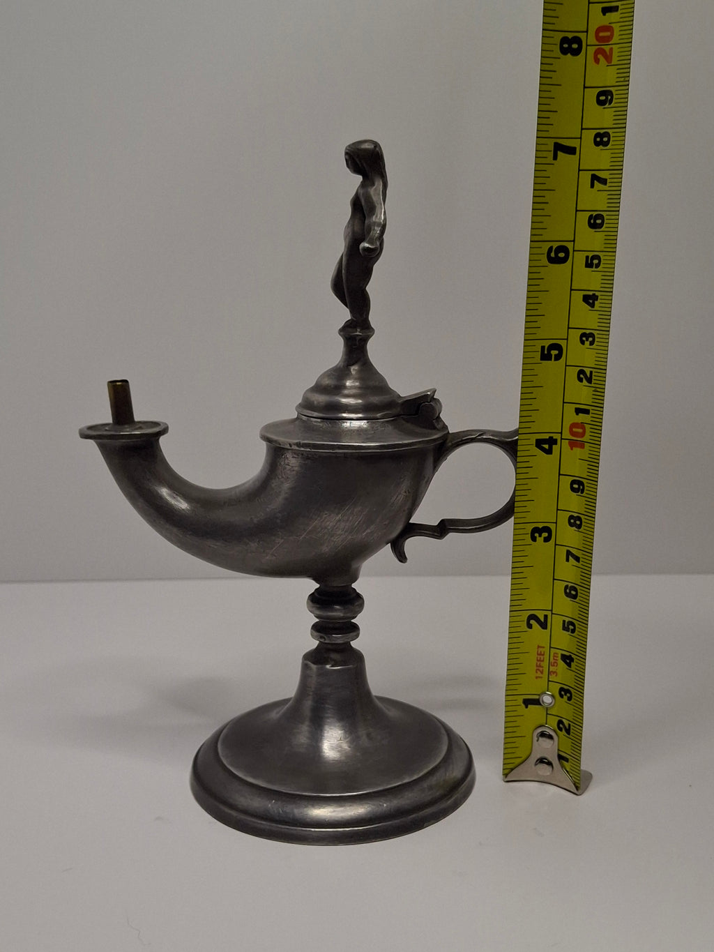 Lot of 2 - Antique 19th Century Pewter Whale Oil Fat Lamps with Figurine, Wick Pick - European