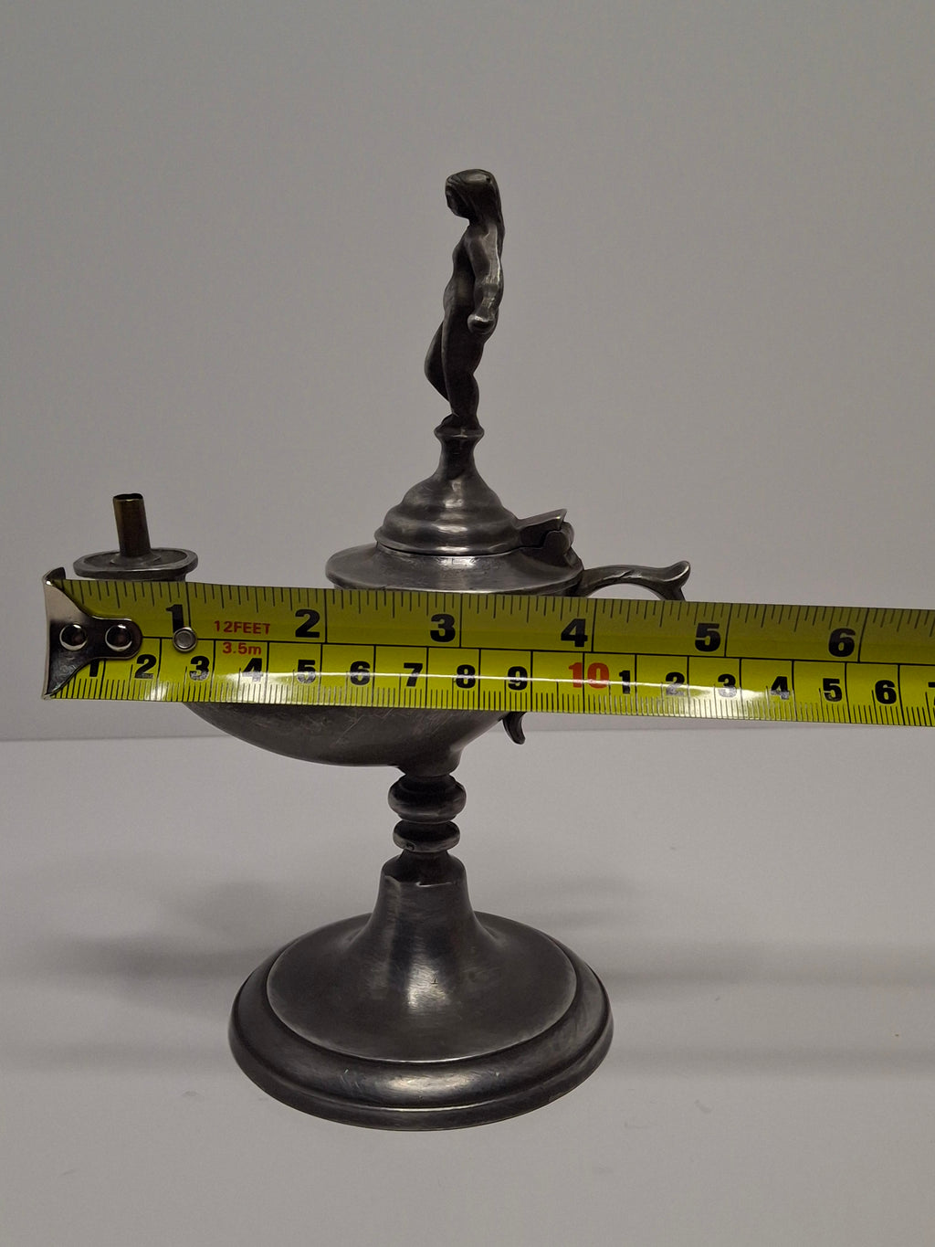 Lot of 2 - Antique 19th Century Pewter Whale Oil Fat Lamps with Figurine, Wick Pick - European