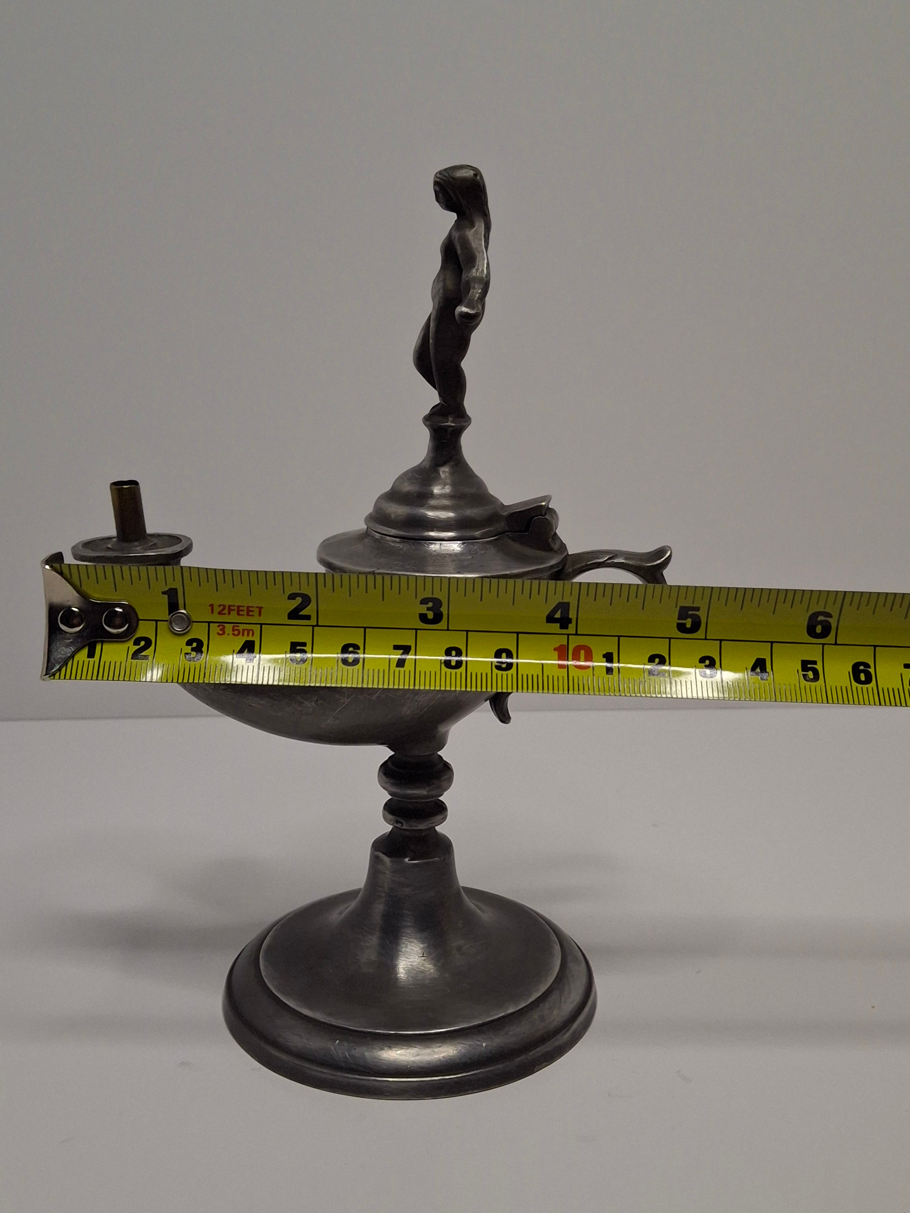 Lot of 2 - Antique 19th Century Pewter Whale Oil Fat Lamps with Figurine, Wick Pick - European