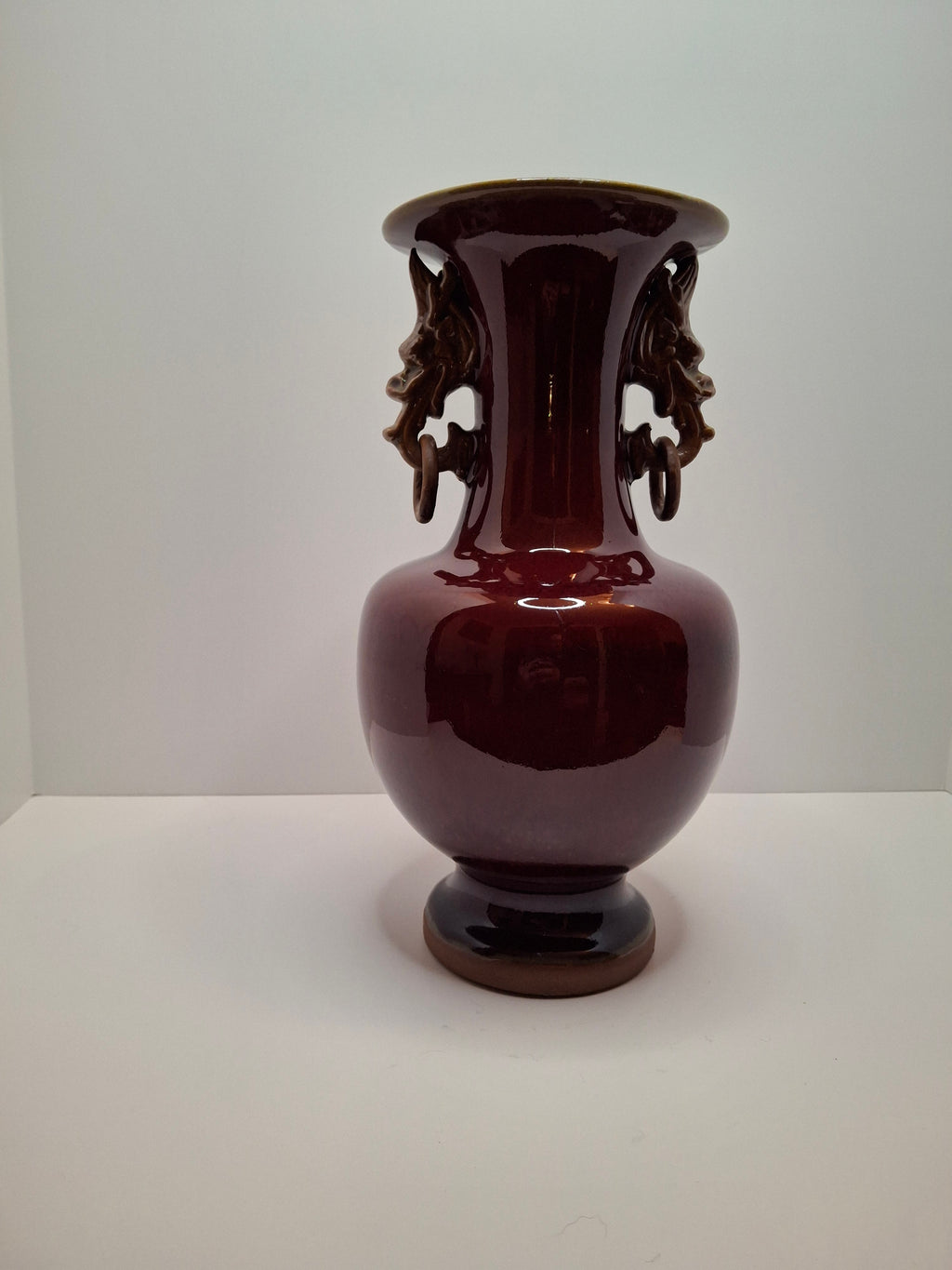 Mid-Century Chinese Jingdezhen Oxblood Porcelain Vase with Chi Dragon Handles, Flambé Glaze, 12.5" Tall – Vintage Reproduction