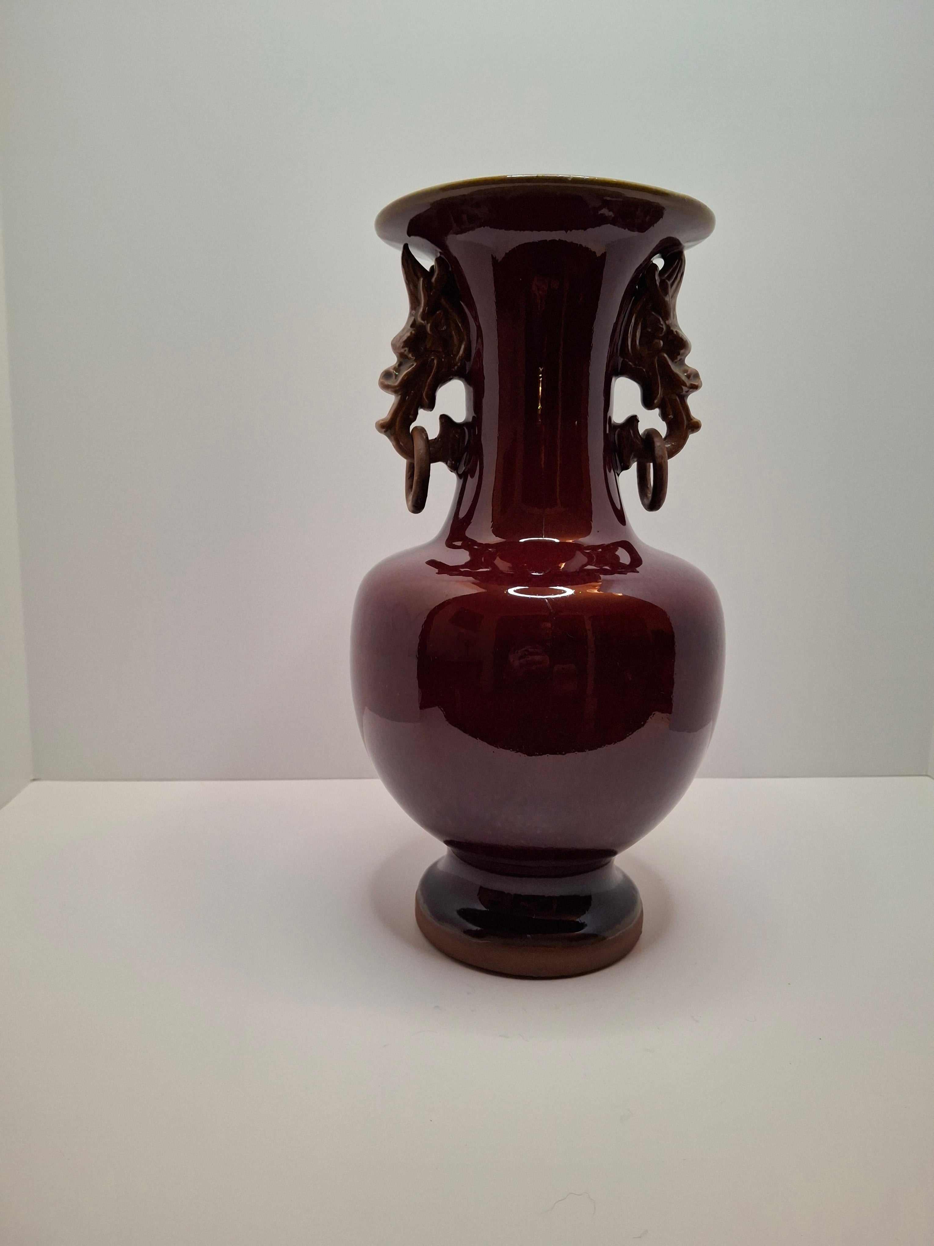 Mid-Century Chinese Jingdezhen Oxblood Porcelain Vase with Chi Dragon Handles, Flambé Glaze, 12.5" Tall – Vintage Reproduction