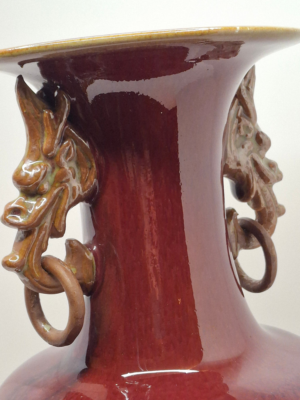 Mid-Century Chinese Jingdezhen Oxblood Porcelain Vase with Chi Dragon Handles, Flambé Glaze, 12.5" Tall – Vintage Reproduction