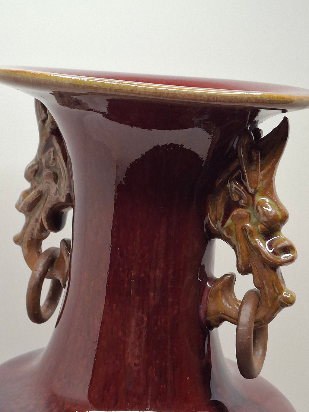 Mid-Century Chinese Jingdezhen Oxblood Porcelain Vase with Chi Dragon Handles, Flambé Glaze, 12.5" Tall – Vintage Reproduction